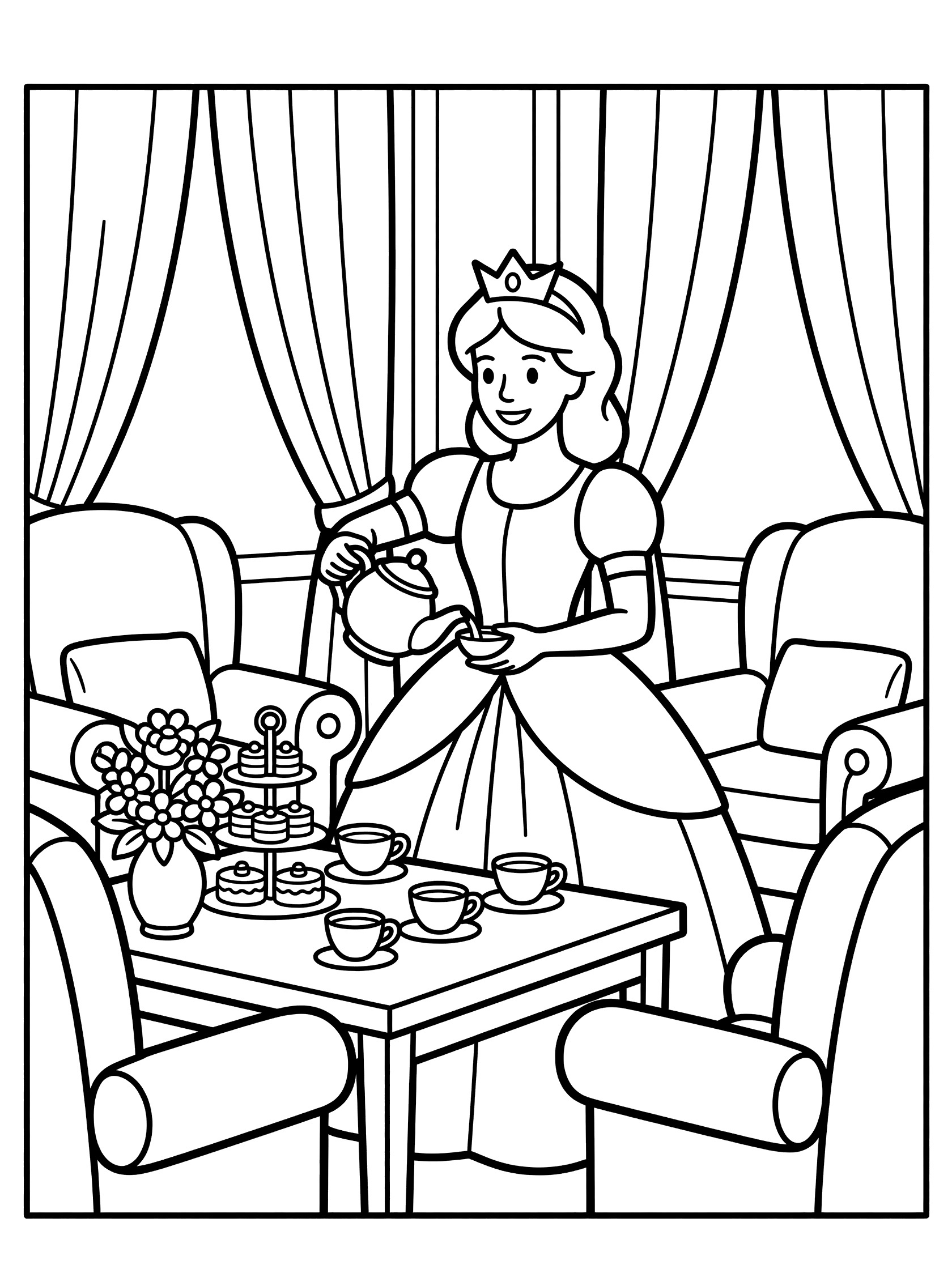 Black and white line art coloring page showing a princess in a dress and crown pouring tea from a pot into cups on a table with cakes, flowers, plush chairs and curtains. Palace themed black and white printable line art