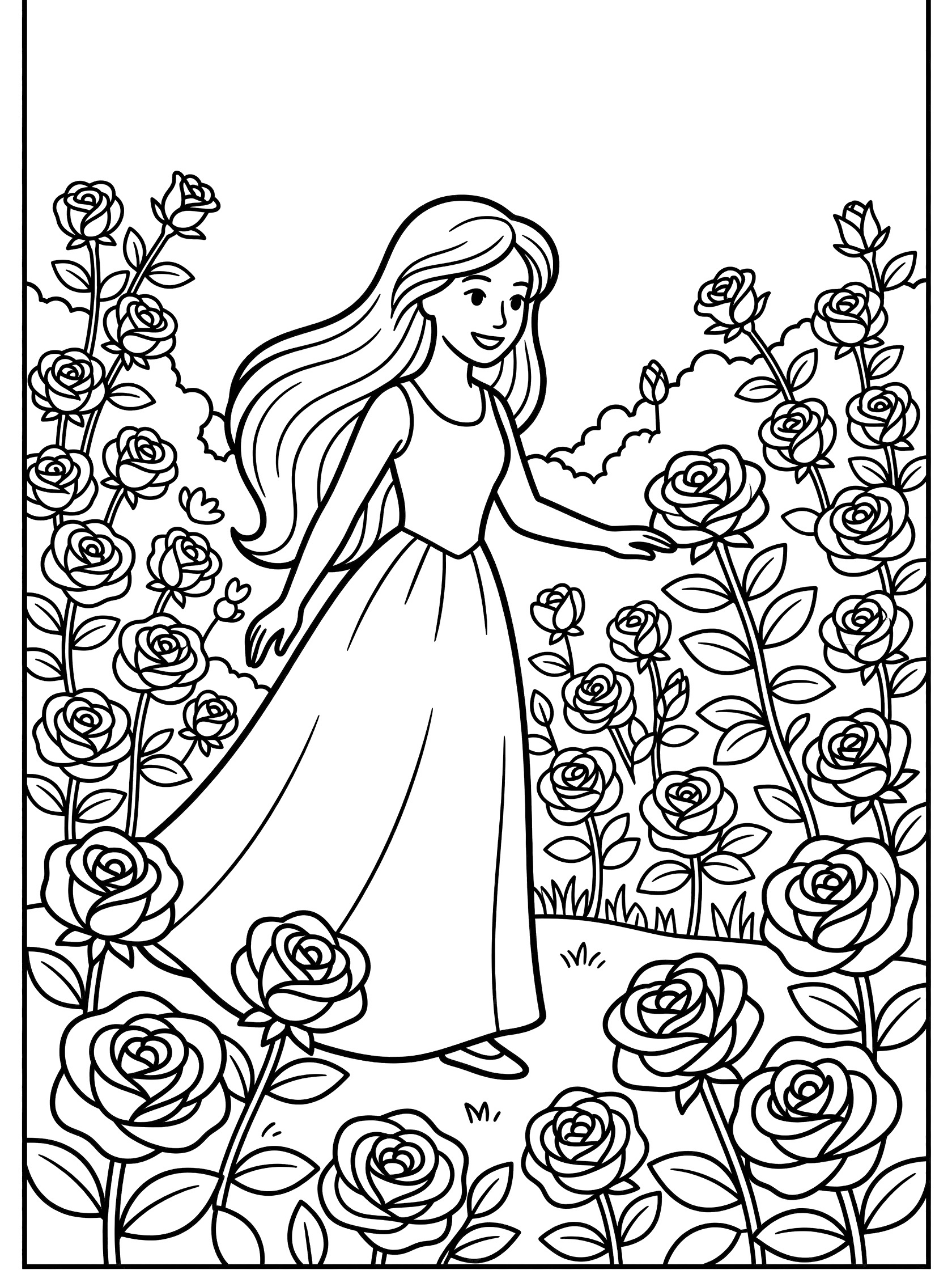 Black and white line art coloring page showing a princess in a long dress with flowing hair reaching toward a rose surrounded by rose bushes and vines in a garden.