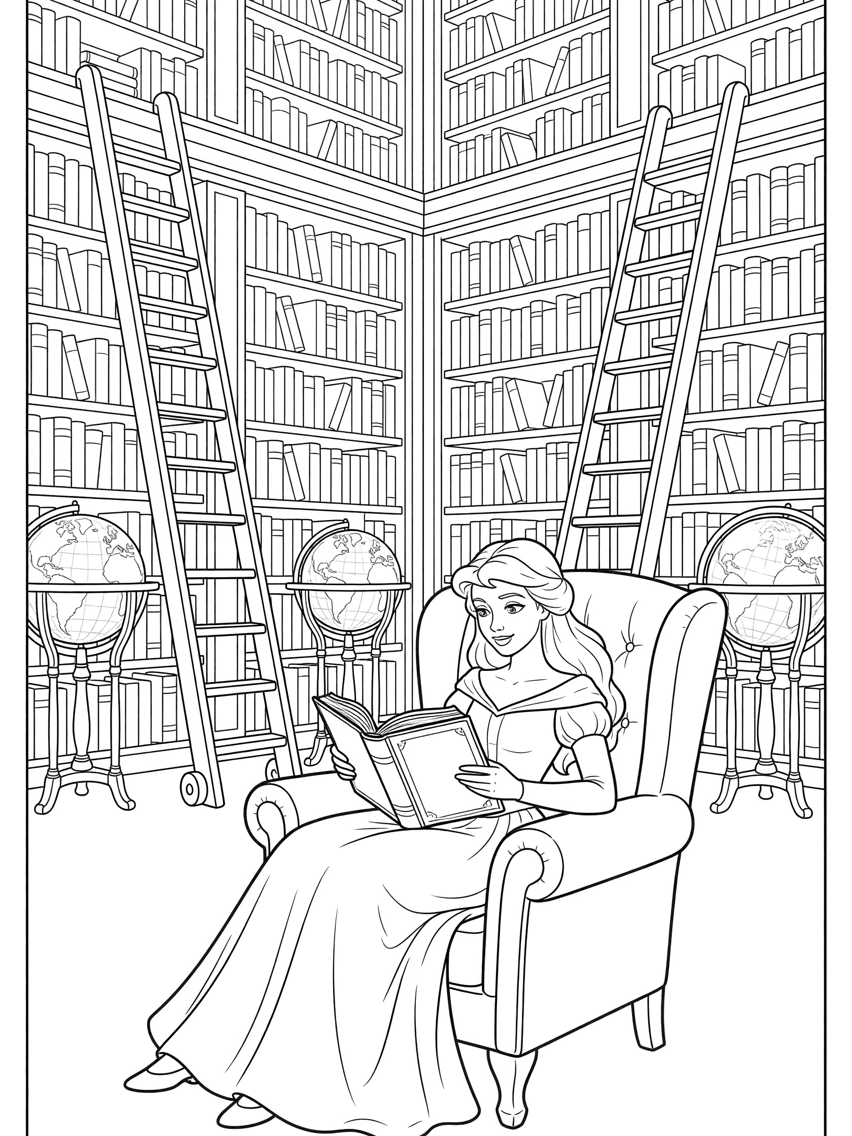 Black and white line art of a princess in a long gown sitting in an armchair reading an open book, with bookshelves, ladders, and globes in a library.
