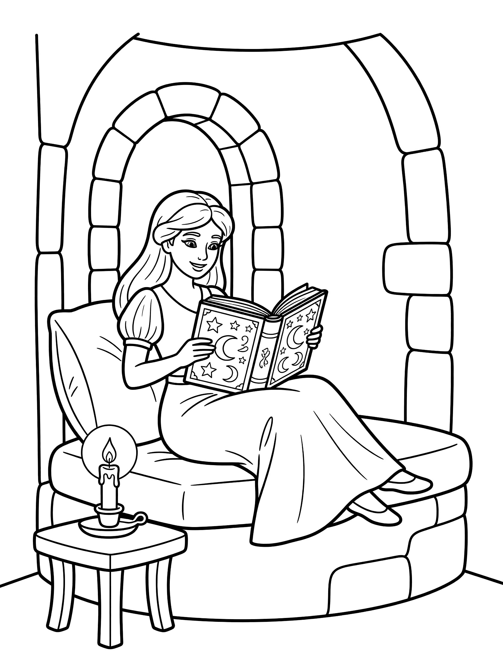 Black and white line art coloring page showing a princess with long hair lounging on a cushioned seat in a stone tower, reading an open book with magical stars and moons, next to a candle on a table.