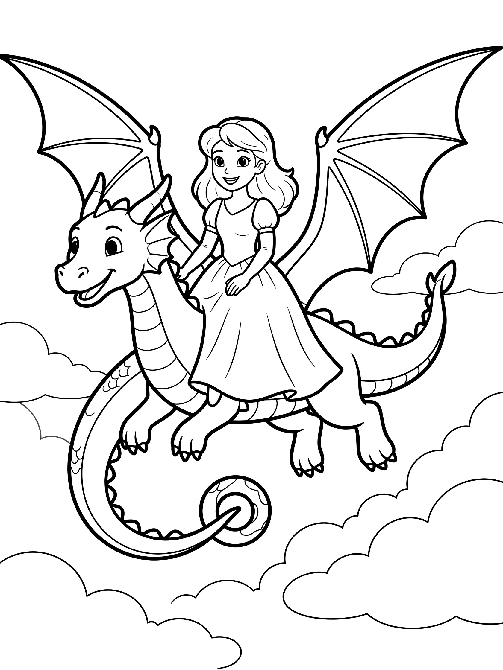 Black and white line art coloring page showing a cheerful princess in a gown sitting on a smiling dragon with wings and curly tail flying over fluffy clouds.