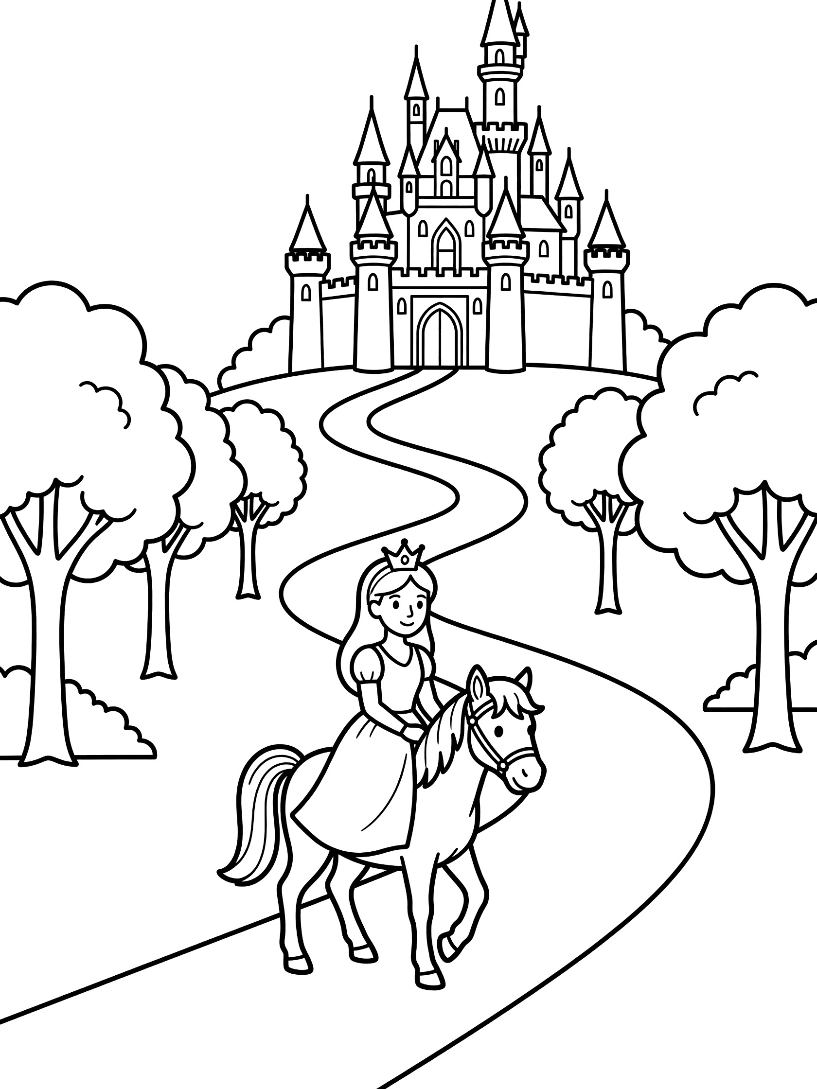 Black and white line art coloring page showing a princess in a dress riding a pony on a winding path toward a castle on a hill surrounded by trees.