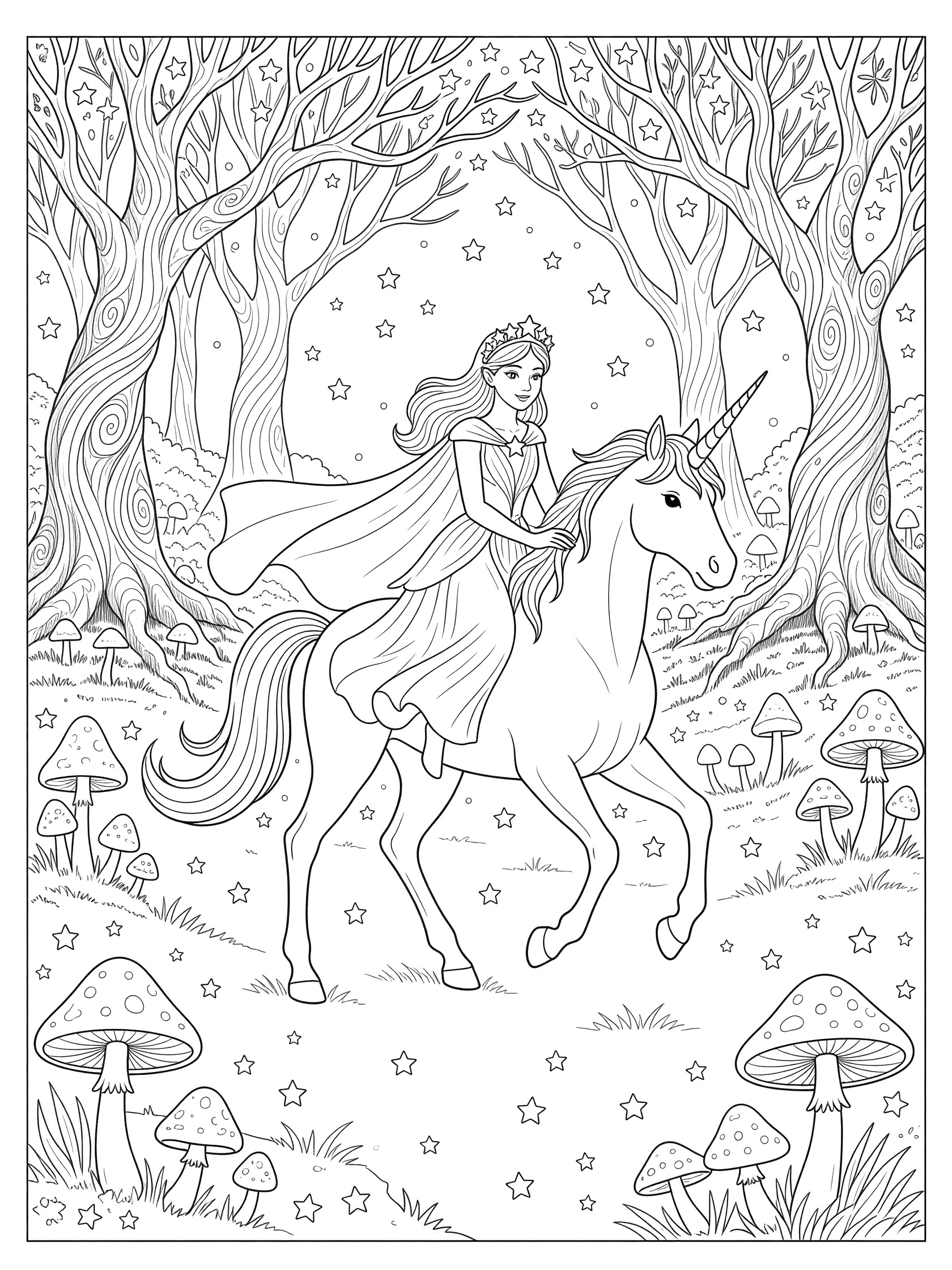 Black and white line art coloring page showing a princess with crown and flowing dress riding a unicorn with horn and tail in a forest with stars, mushrooms, and trees. Fairy themed black and white printable line art