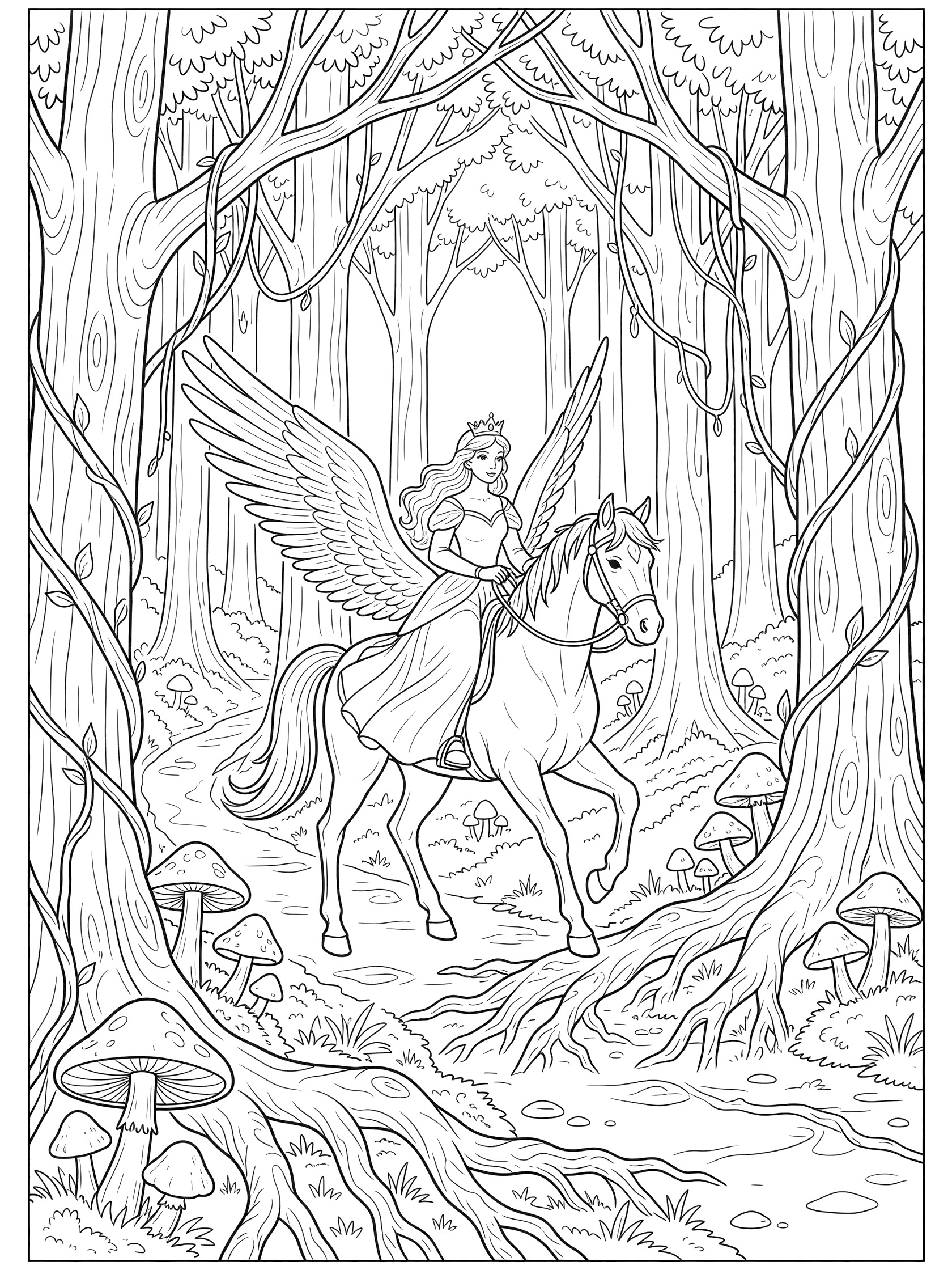 Black and white line art coloring page showing a princess with long hair and crown riding a winged horse on a forest path lined with trees, vines, mushrooms, and roots. Pegasus themed black and white printable line art