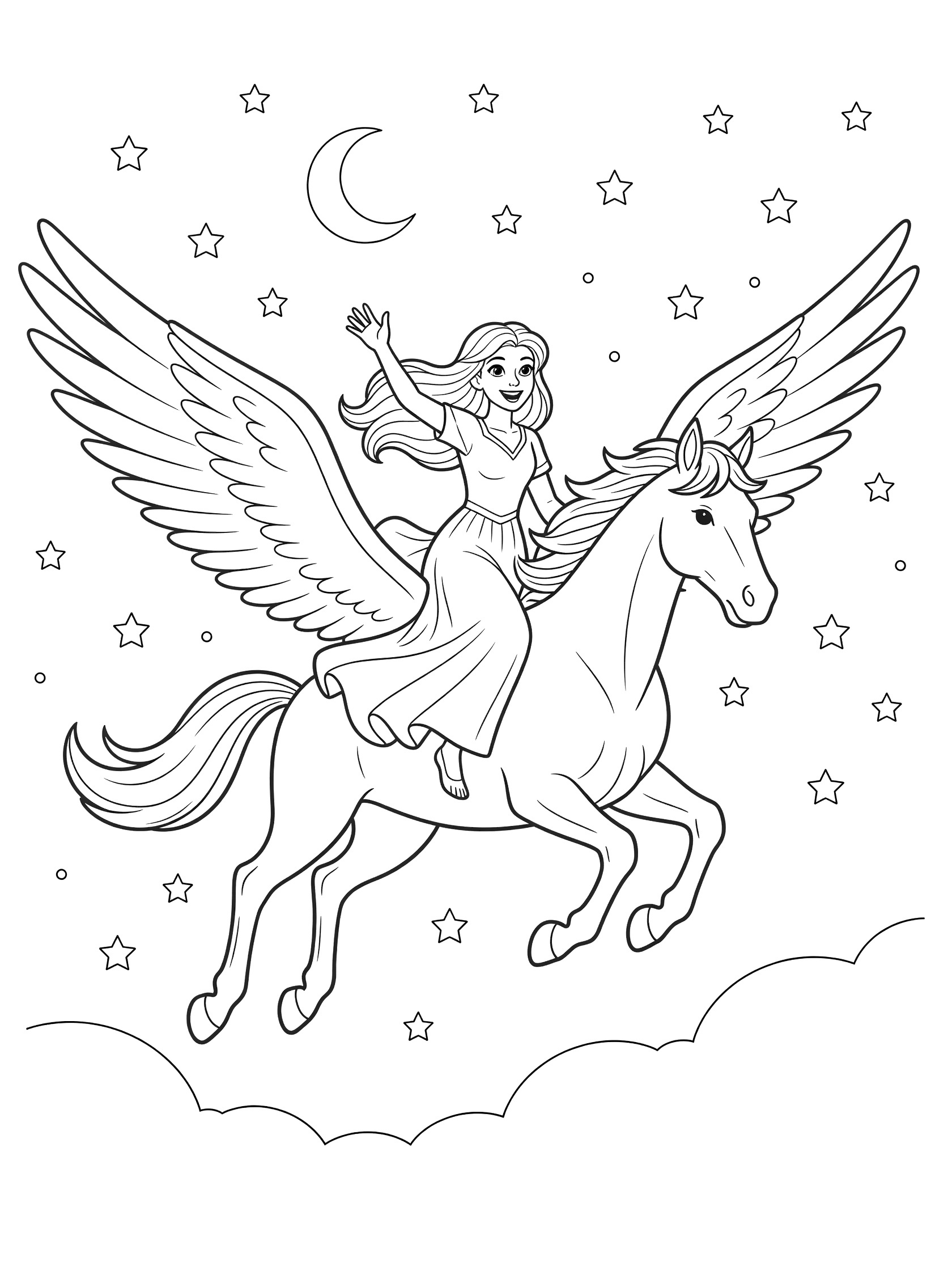 Black and white line art coloring page showing a cheerful princess in a dress riding bareback on a flying winged unicorn with large wings, waving one hand, surrounded by stars and a crescent moon in the sky. Pegasus themed black and white printable line art