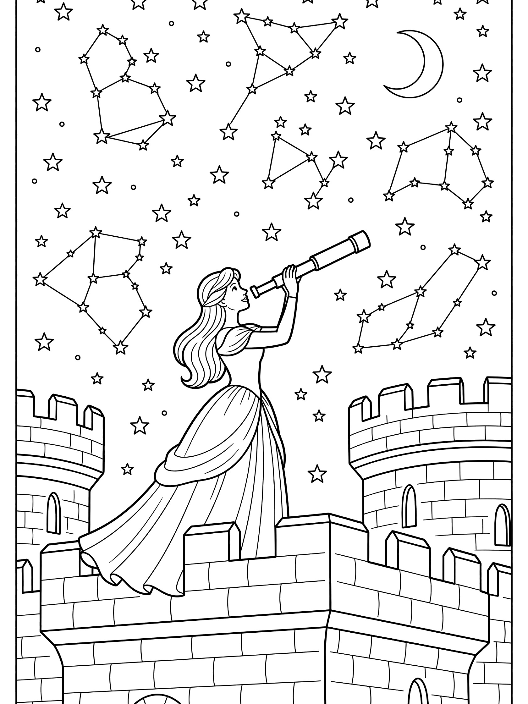 Black and white line art coloring page showing a princess in a long dress holding a telescope on a castle tower, gazing at starry sky with constellations and crescent moon.