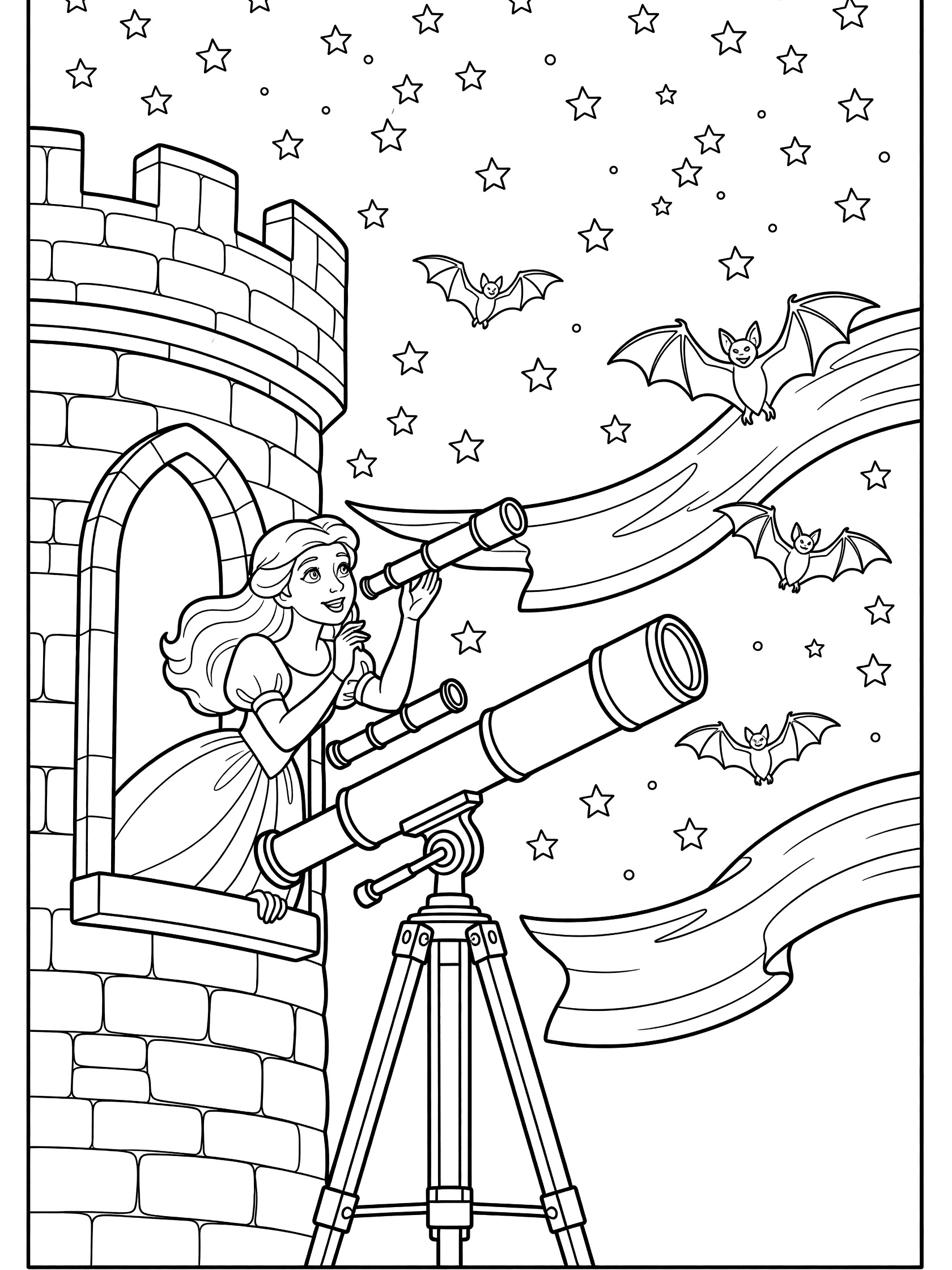 Black and white line art coloring page showing a princess leaning out a castle window using a telescope to view stars, with bats flying and banners in the sky. Palace themed black and white printable line art