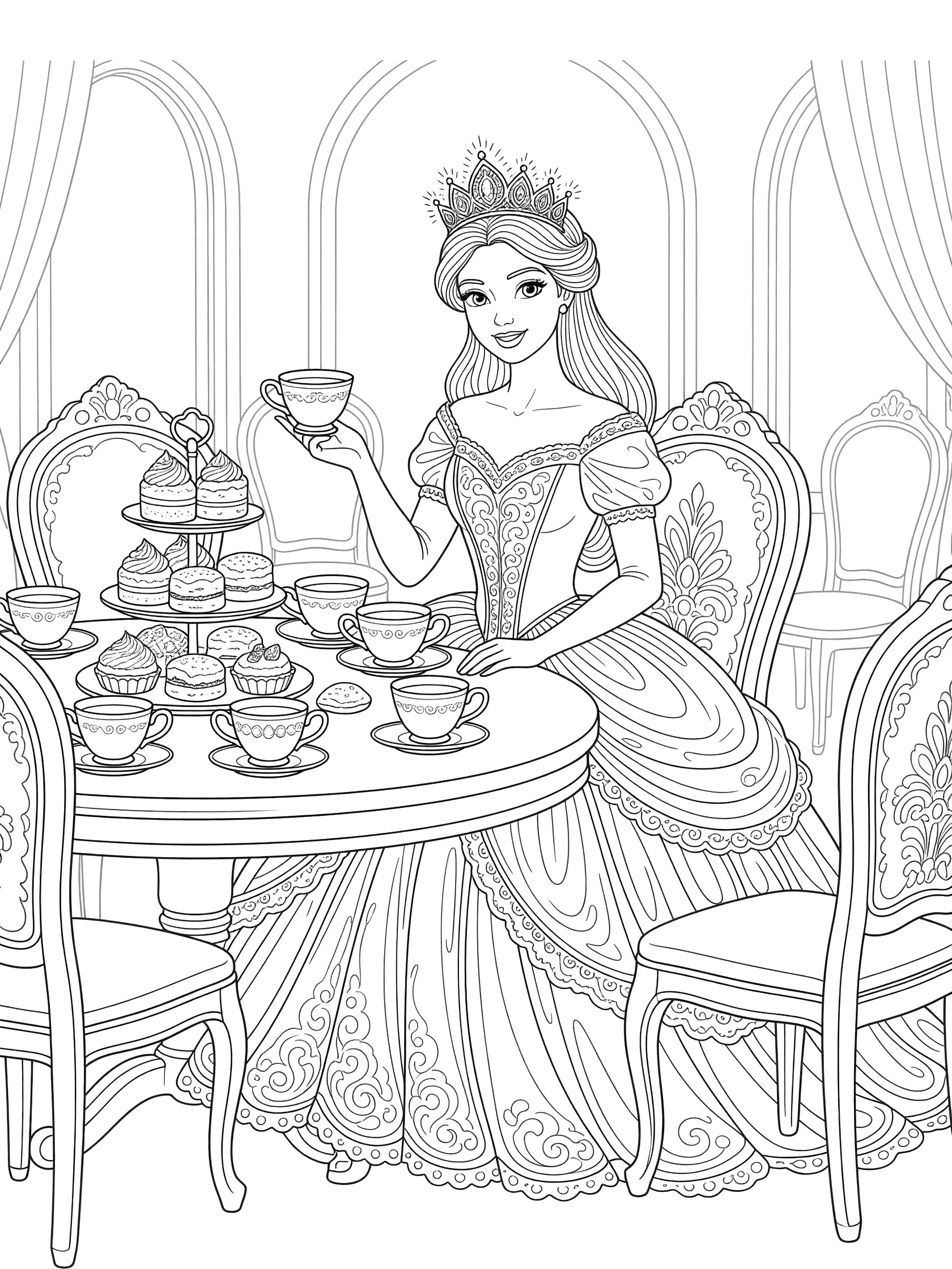 Black and white line art of a princess sitting at a table holding a teacup, surrounded by teacups, stacked cakes, ornate chairs, and curtains.