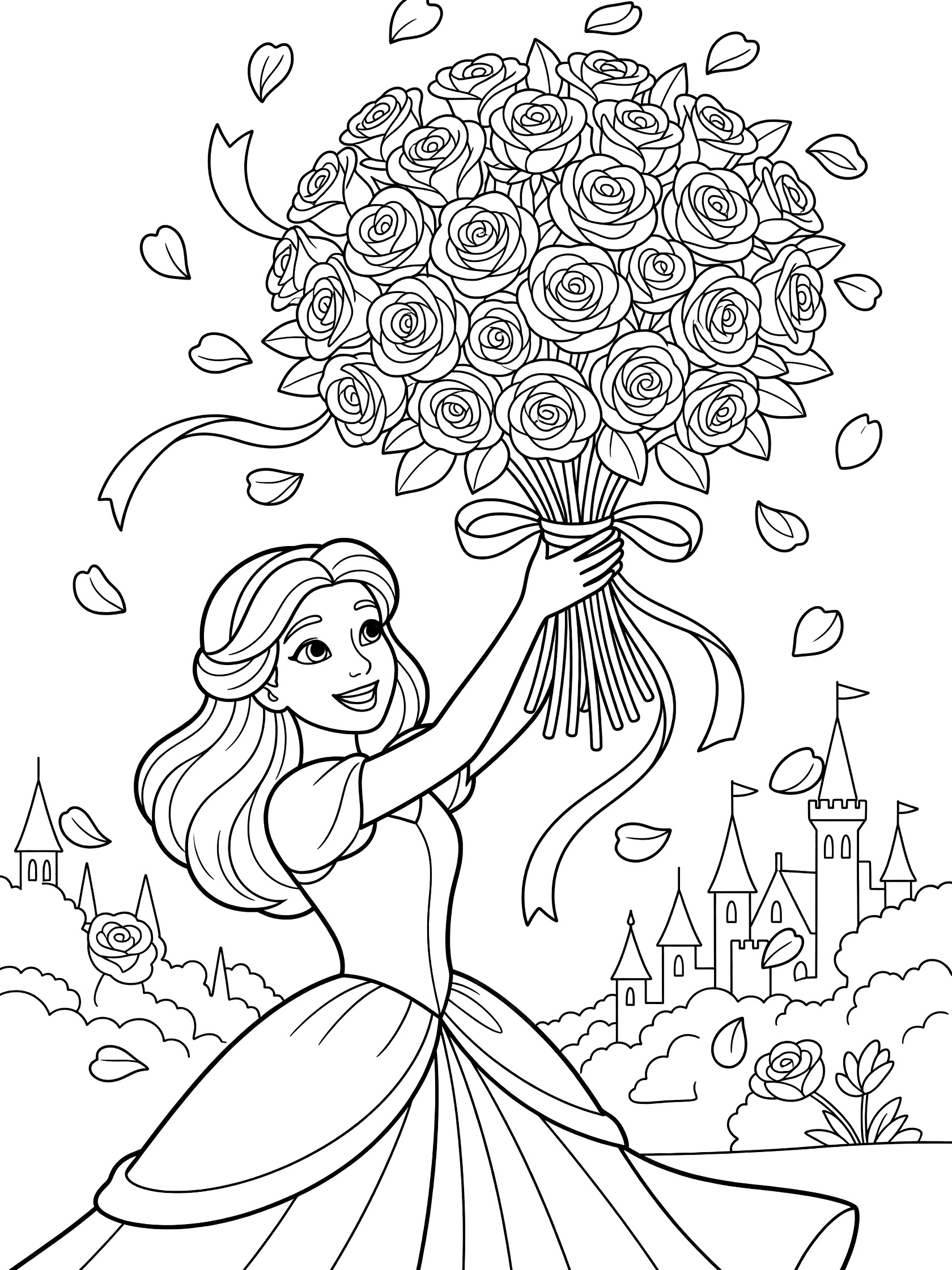 Black and white line art coloring page showing a princess in a dress holding up a large bouquet of roses with ribbons and scattering petals, castles and bushes in the background. Wedding themed black and white printable line art