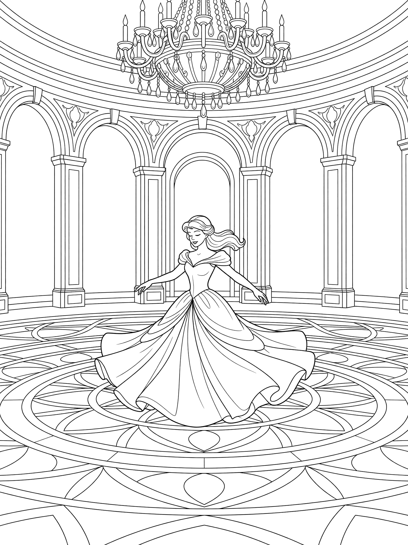 Black and white line art of a princess in a flowing gown twirling in the center of a grand ballroom with chandelier above and patterned floor.