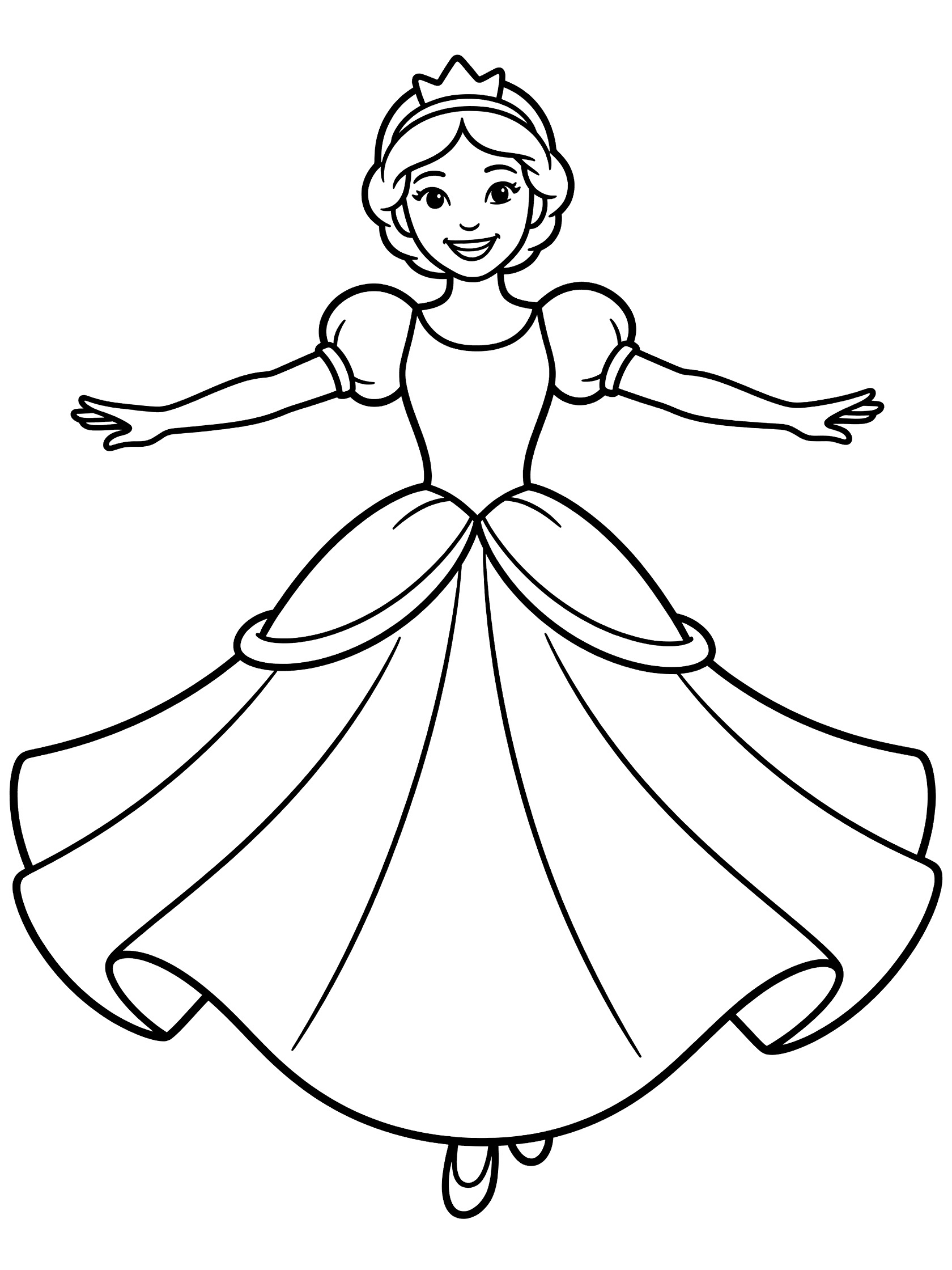 Black and white line art coloring page showing a smiling princess with tiara, outstretched arms, puffed sleeves, and wide twirling skirt on her shoes.
