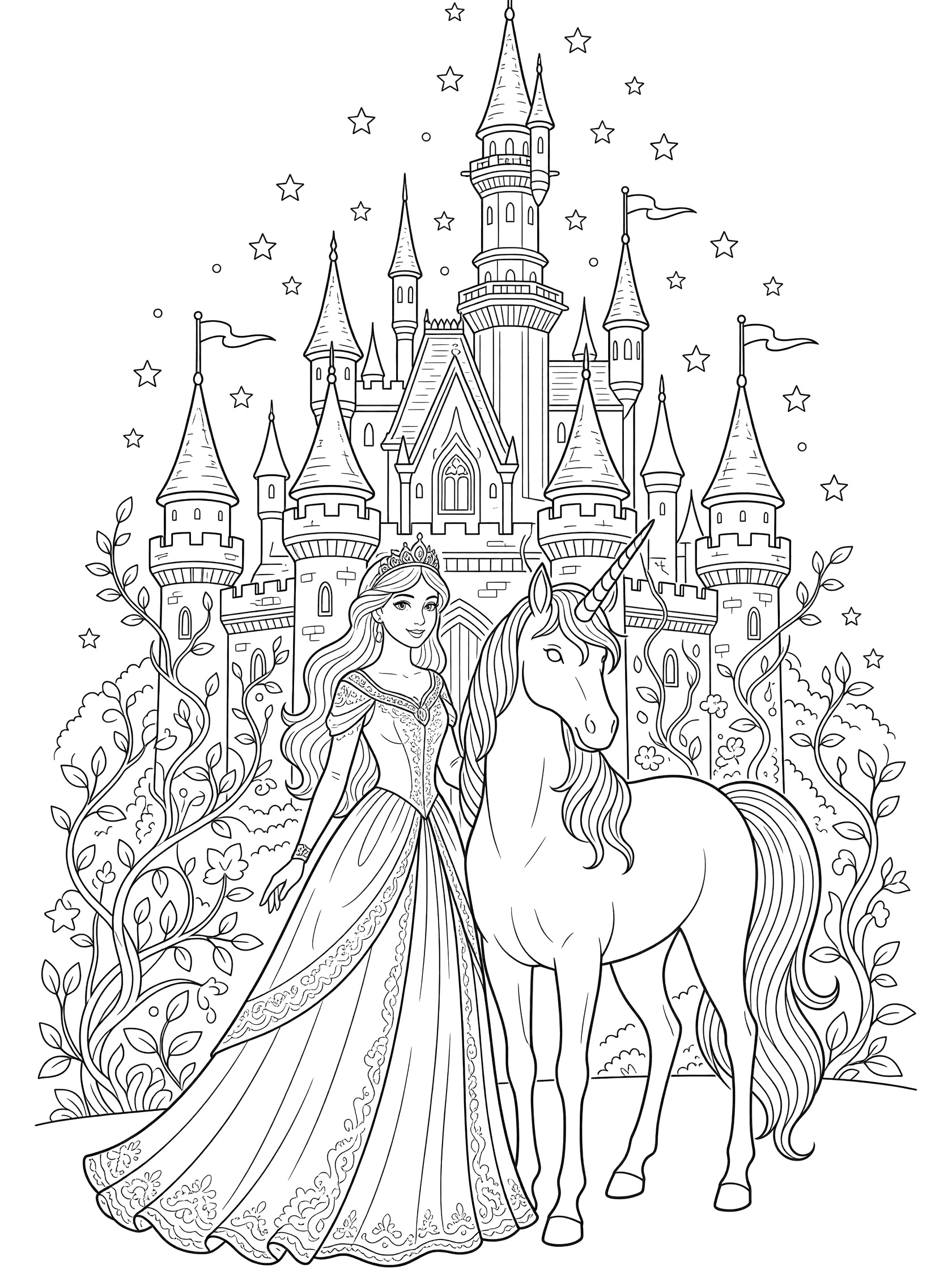 Black and white line art coloring page showing a princess in a long dress next to a unicorn, with a large castle having towers and flags behind them, vines and stars around.