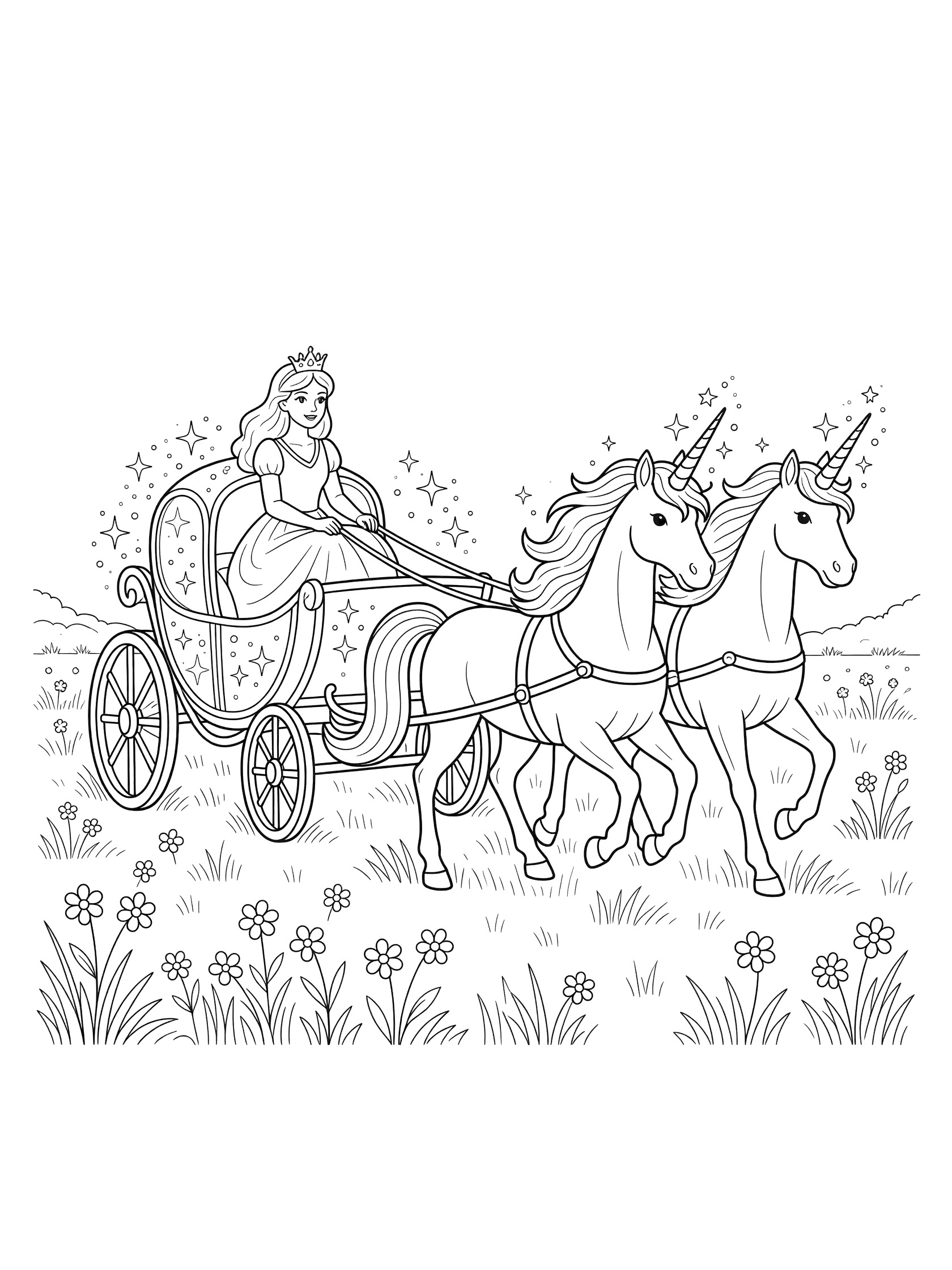 Black and white line art coloring page showing a princess with crown sitting in an open carriage pulled by two unicorns with horns and flowing manes, sparkles on horns, wheels on carriage, grass and flowers in meadow background.