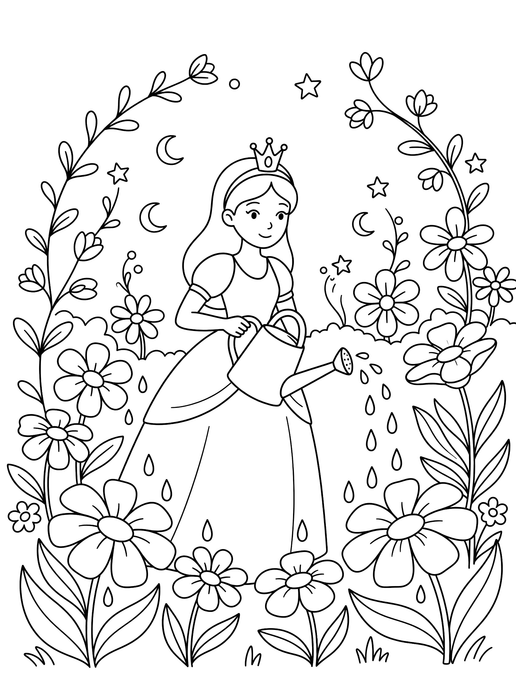 Black and white line art coloring page showing a princess in a long dress and crown holding a watering can over large flowers with water drops falling down.