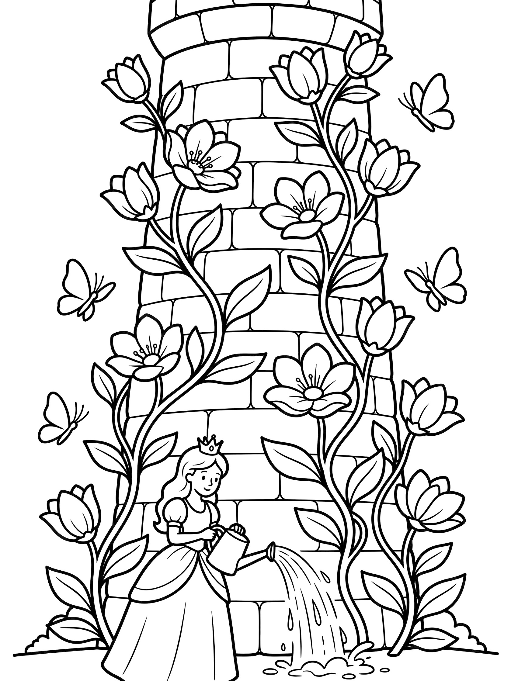 Black and white line art coloring page showing a princess in a dress holding a watering can over vines with flowers climbing a tall stone tower, butterflies flying nearby.