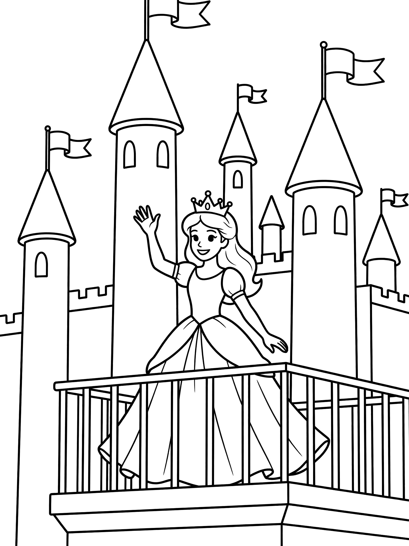 Black and white line art coloring page showing a princess in a dress and crown waving from a balcony on a tall castle with towers and flags. Palace themed black and white printable line art