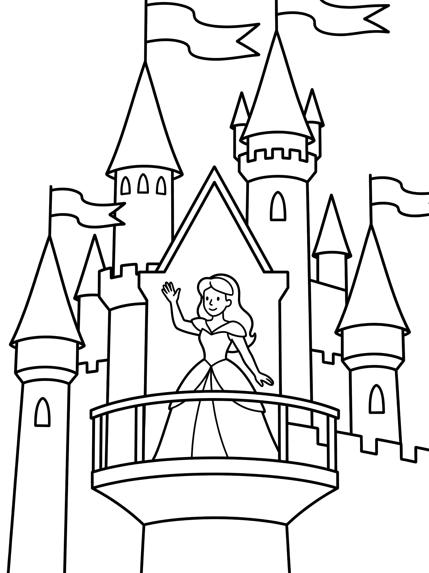 Black and white line art coloring page showing a princess in a long dress waving from a stone balcony on a tall castle with pointy towers and flapping banners.