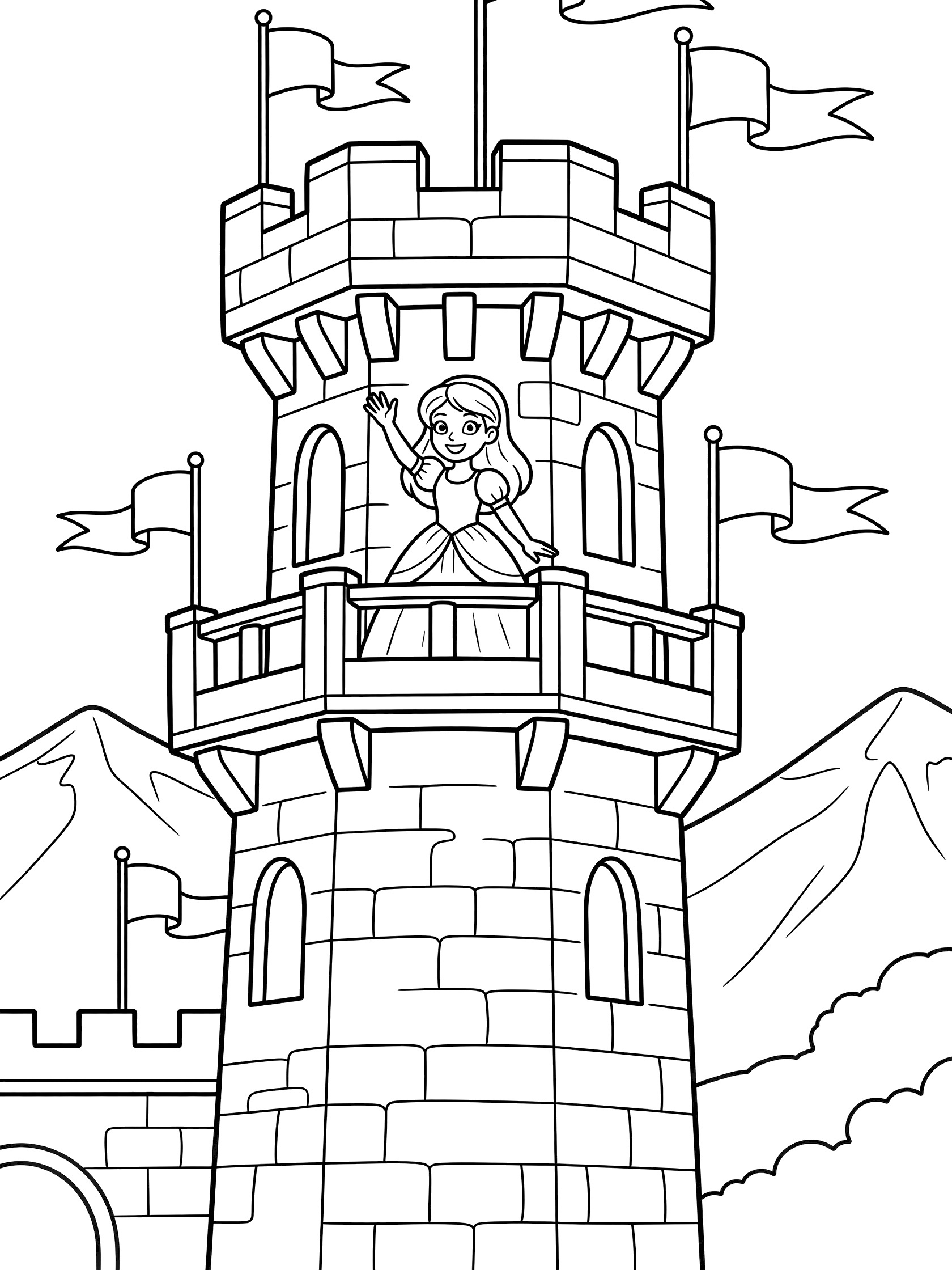 Black and white line art coloring page showing a princess in a dress waving from the balcony of a stone castle tower with flapping flags and distant mountains below.