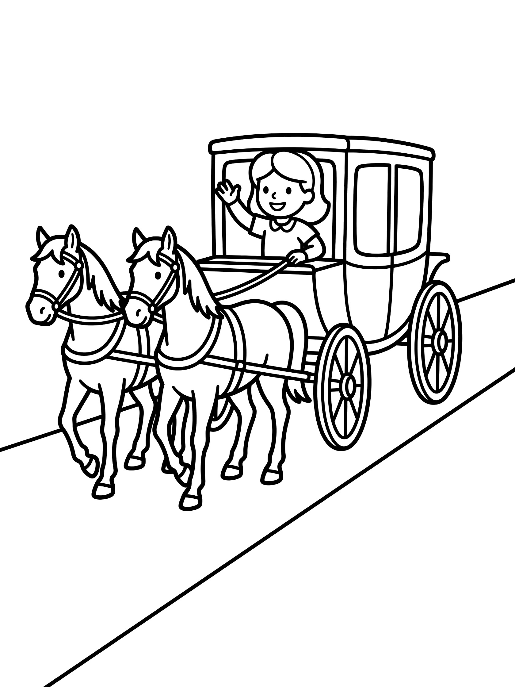 Black and white line art coloring page showing a princess with a big smile waving from the window of a horse-drawn carriage. Two horses pull the carriage along a straight road.