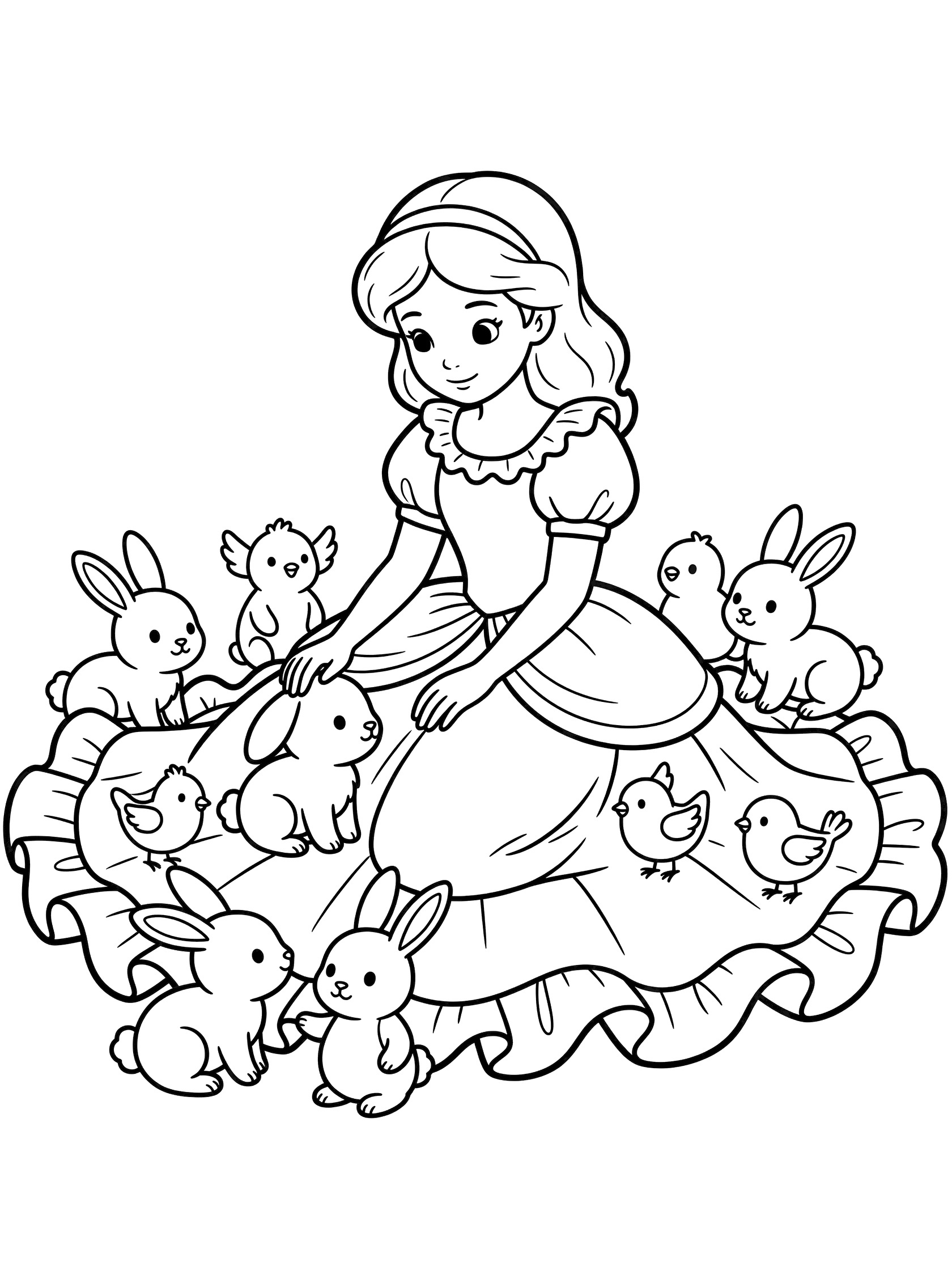 Black and white line art coloring page showing a princess with long hair and puffy sleeves kneeling in a big ruffled gown, petting a baby bunny while surrounded by baby bunnies and chicks on her skirt.