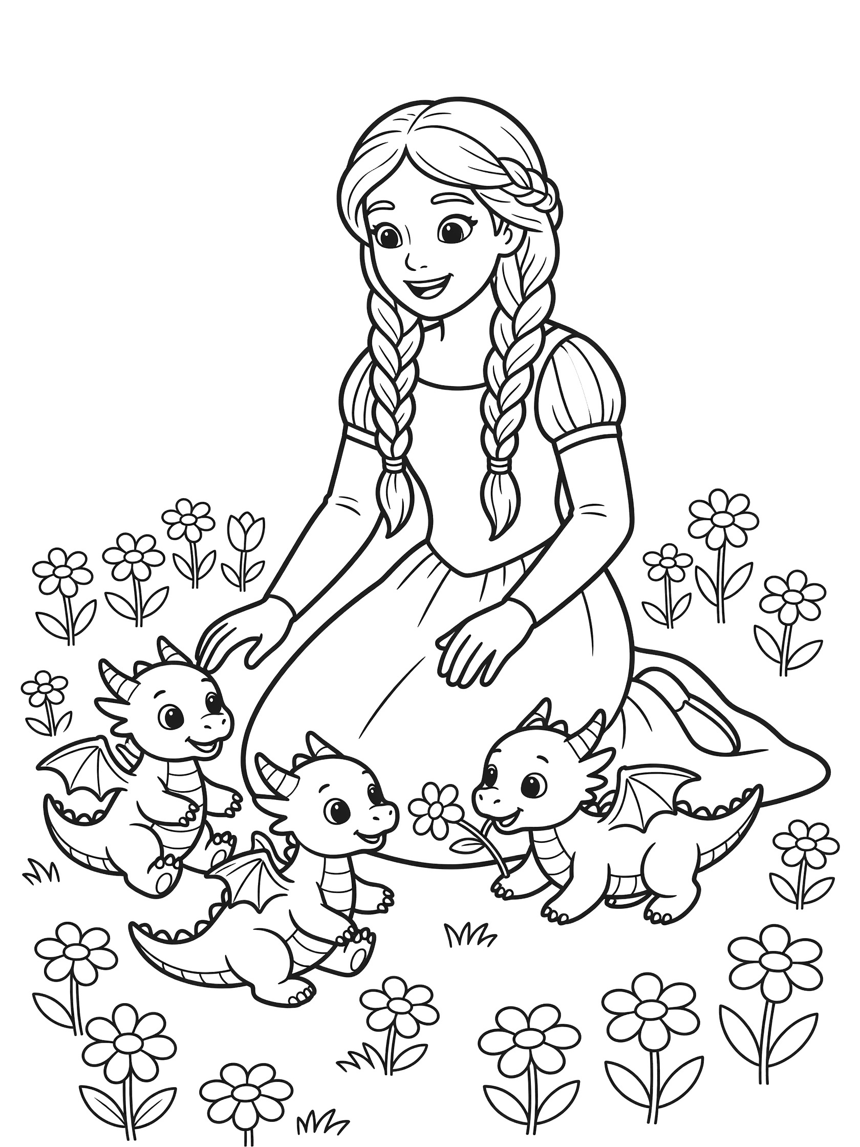 Black and white line art coloring page showing a princess with braided hair kneeling among flowers with three baby dragons tumbling around her feet, one dragon holding a flower.