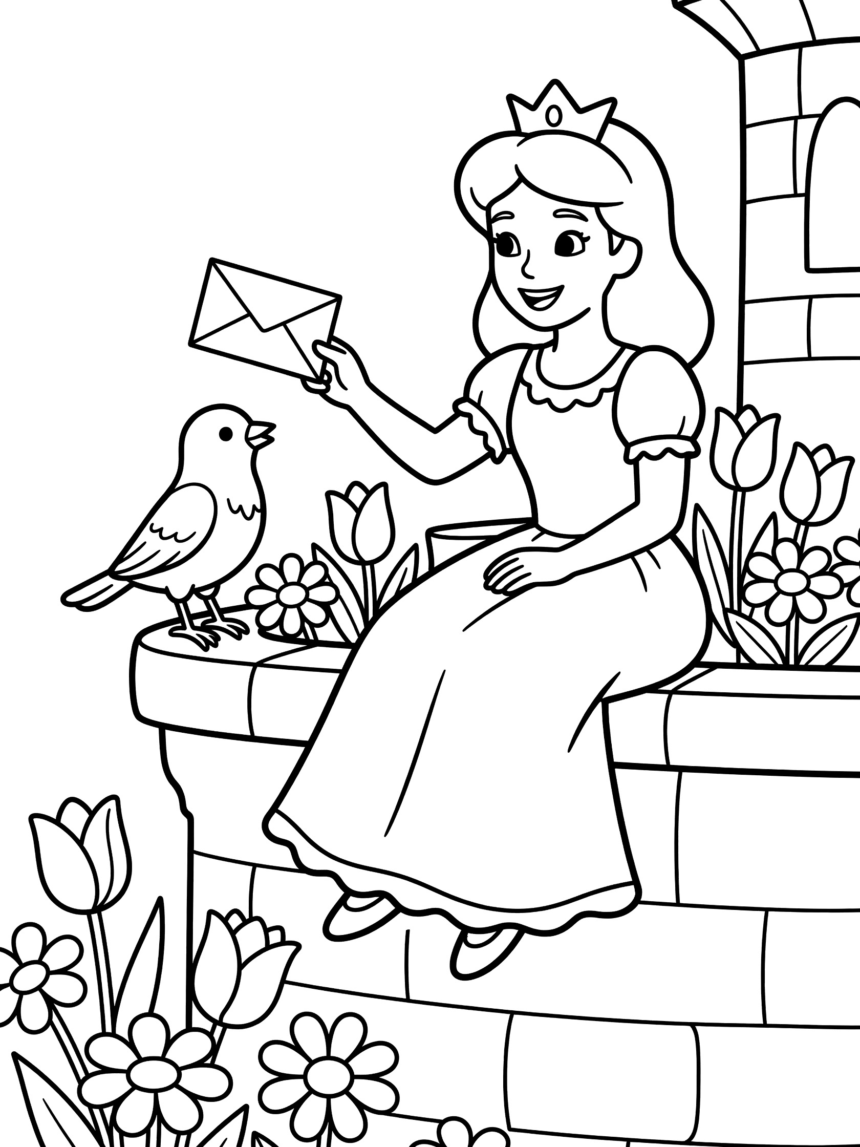 Black and white coloring page showing a smiling princess sitting on a stone tower ledge, holding a letter to a bird, surrounded by tulip flowers.