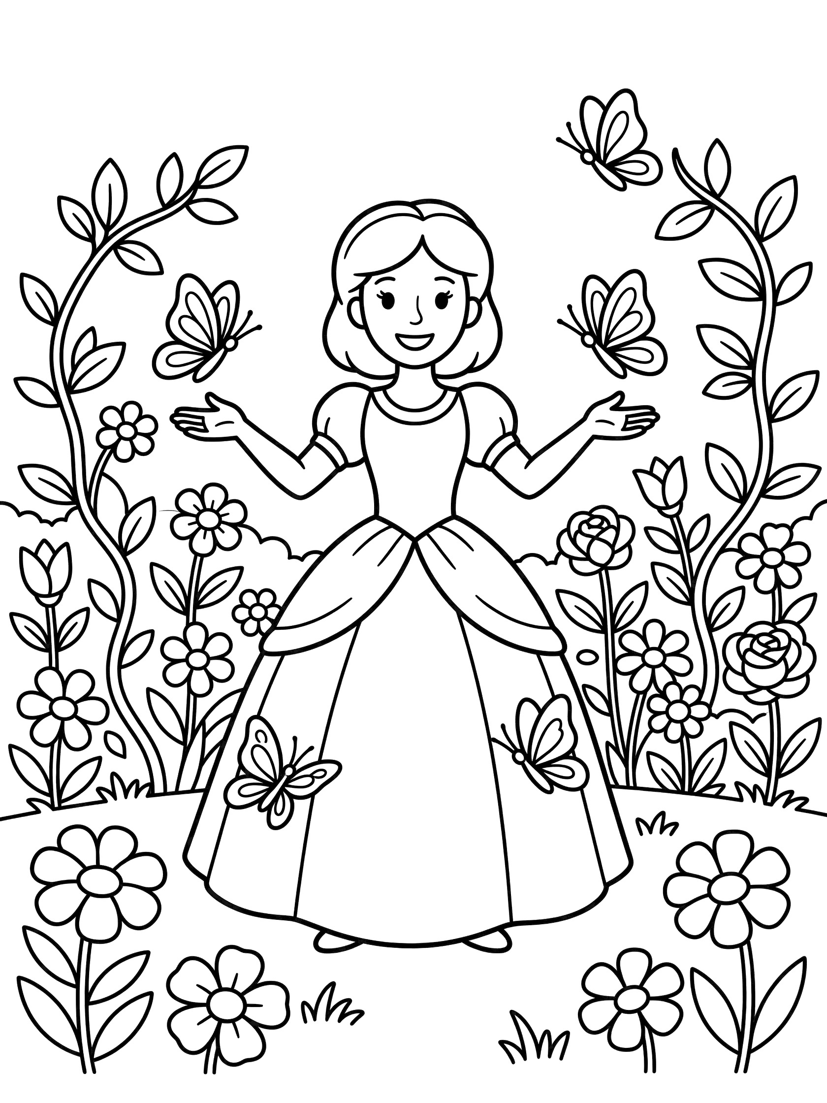 Black and white line art coloring page showing a cheerful princess in a flowing dress with arms outstretched, butterflies landing on her hands and dress, surrounded by flowers, vines, and grass on a pure white background.