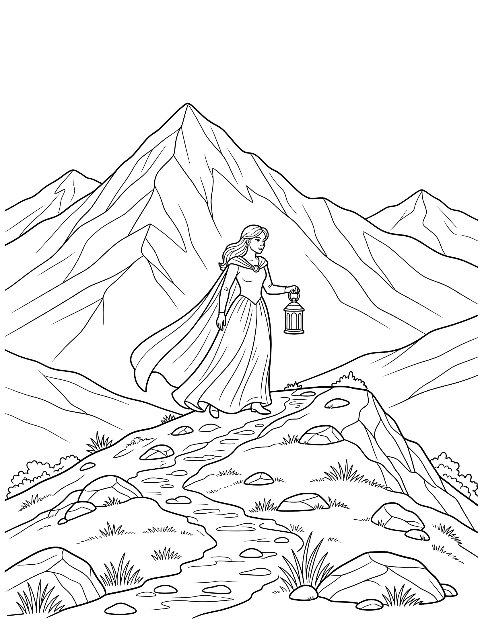 Black and white line art coloring page showing a princess in long gown and cape holding lantern while walking up a path on a hill with mountains behind her