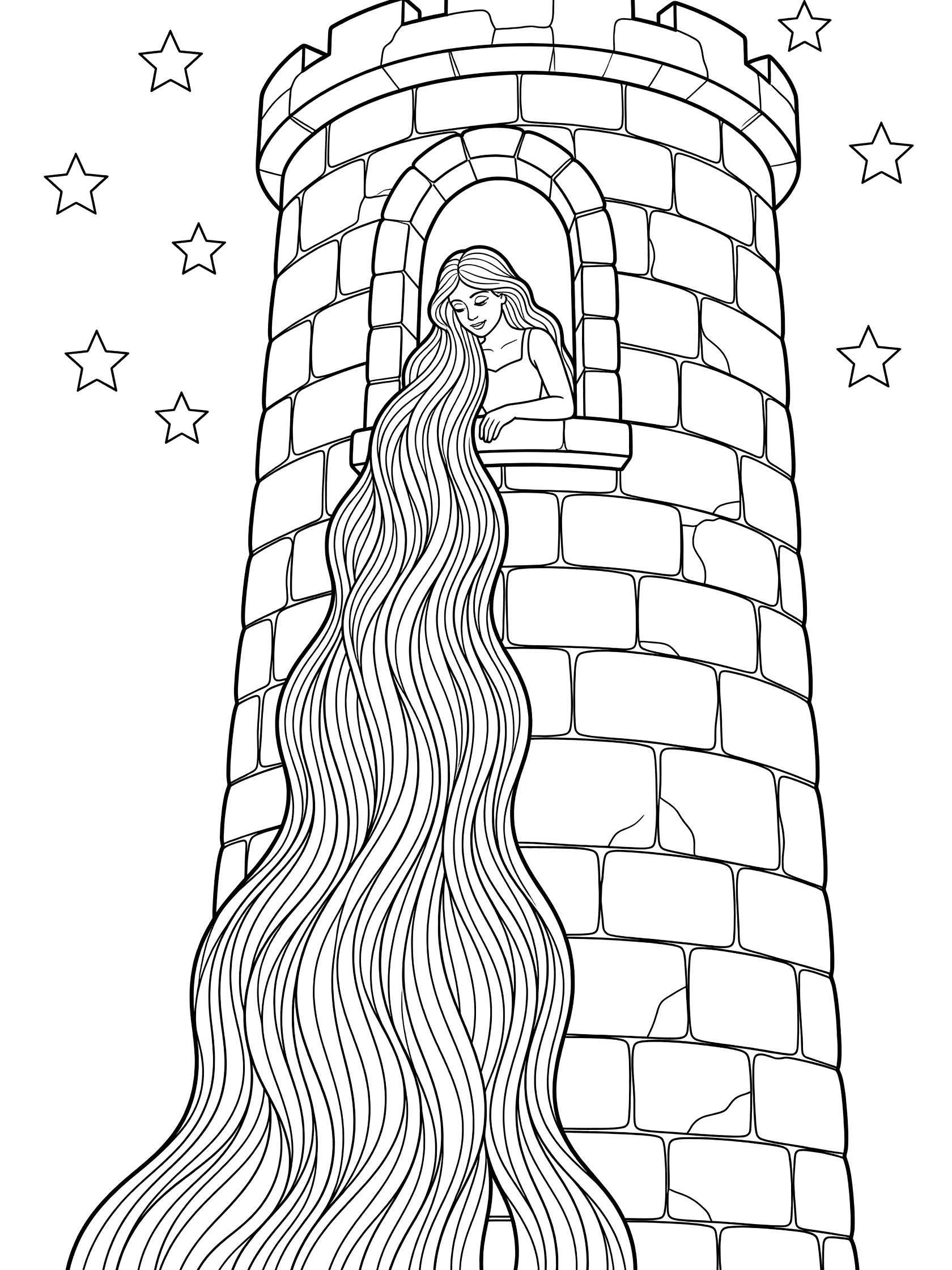 Black and white line art coloring page showing a princess with long flowing hair hanging down a tall stone tower. She leans from the window under a starry sky.