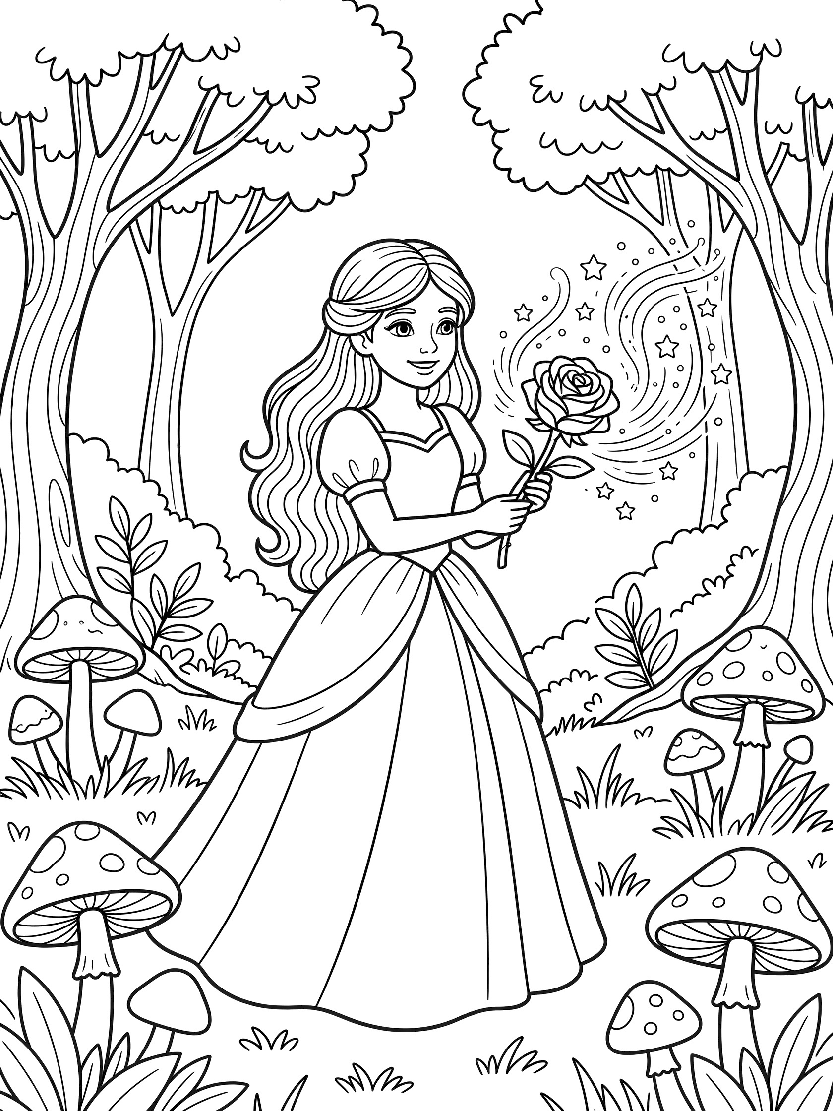 Black and white line art coloring page showing a princess in a long dress holding a glowing rose with sparkles and stars, standing in a forest with tall trees, mushrooms, and grass.