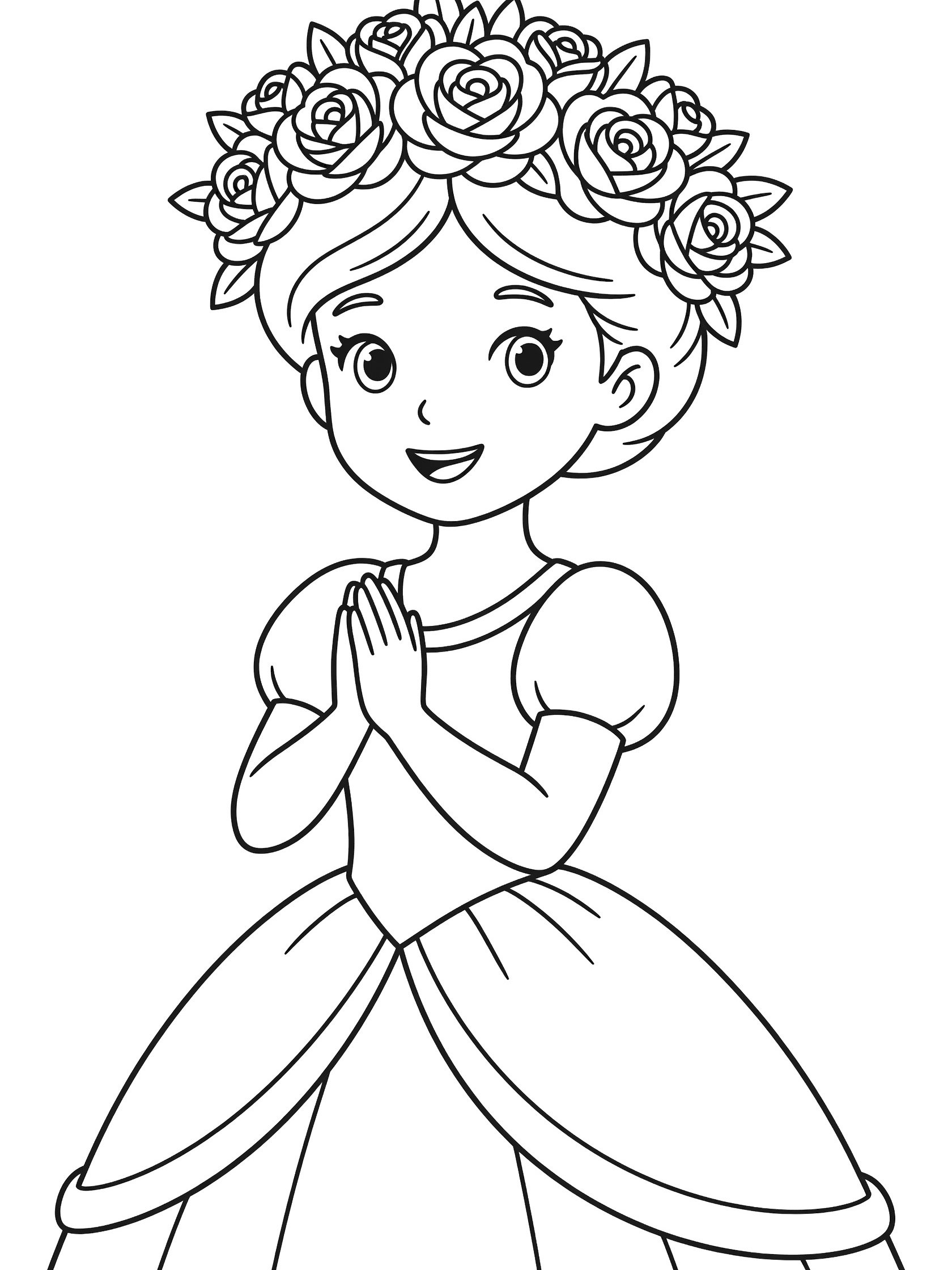 Black and white line art coloring page showing a cute princess with a detailed rose and leaf crown on her head, smiling face, clasped hands, puffy sleeve dress with full skirt.