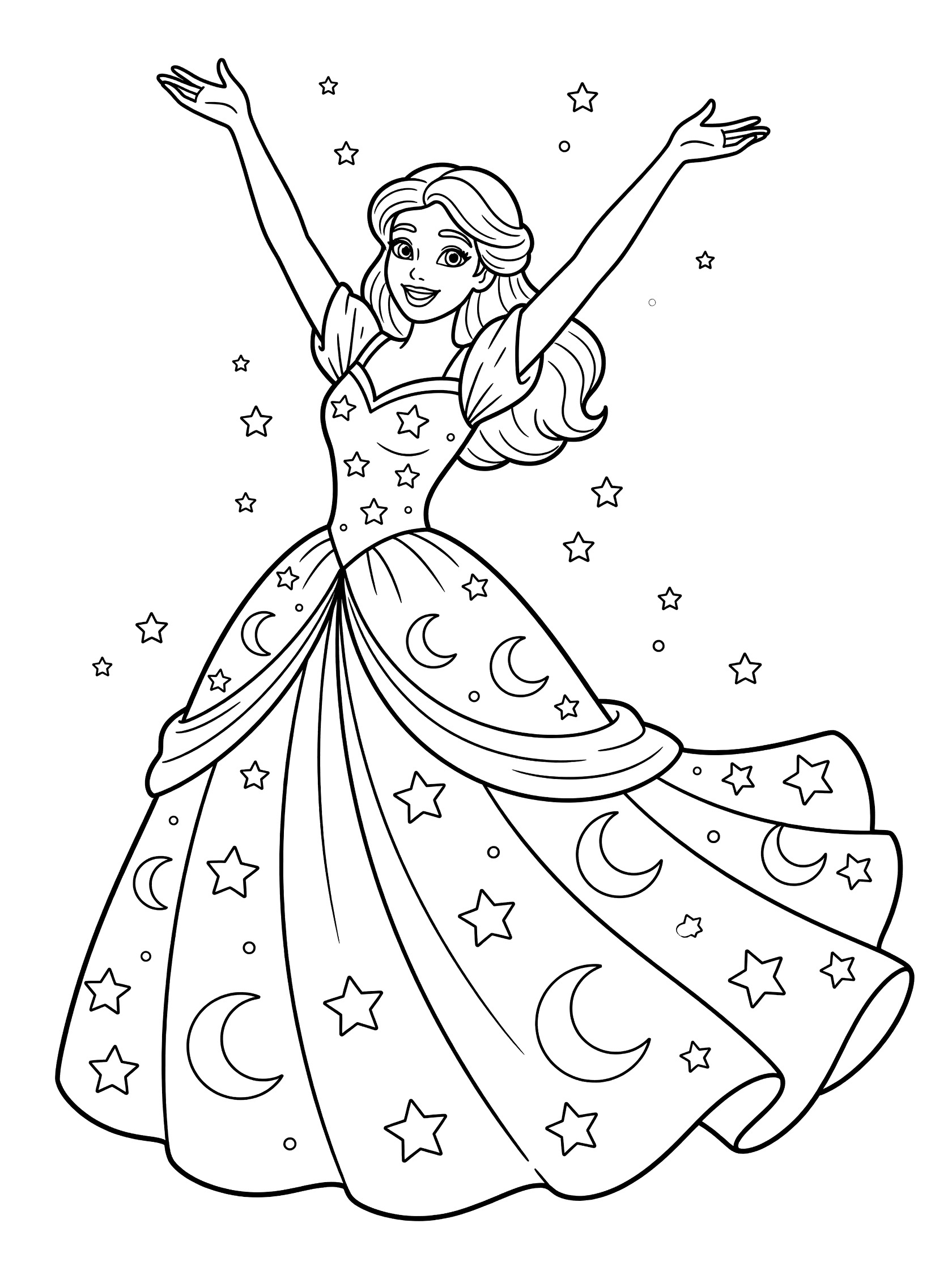 Black and white line art coloring page showing a princess with long hair, smiling face, arms raised, wearing a gown with star and moon patterns on the skirt, tiny stars floating nearby.