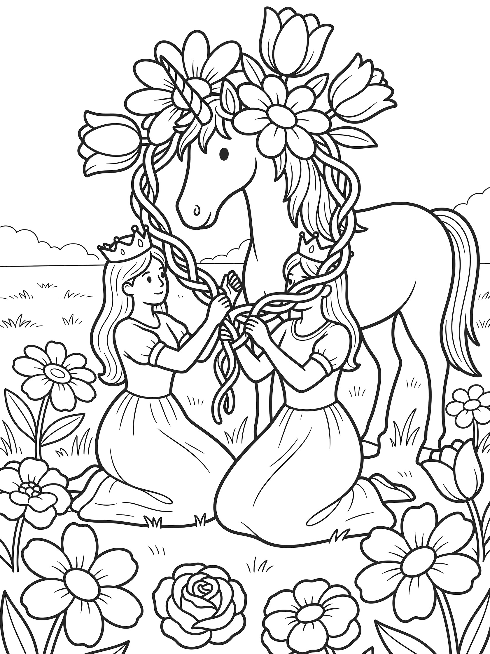 Black and white line art coloring page showing two princesses kneeling to place a large flower and vine crown on a unicorn's head, with flowers on the ground in a field.