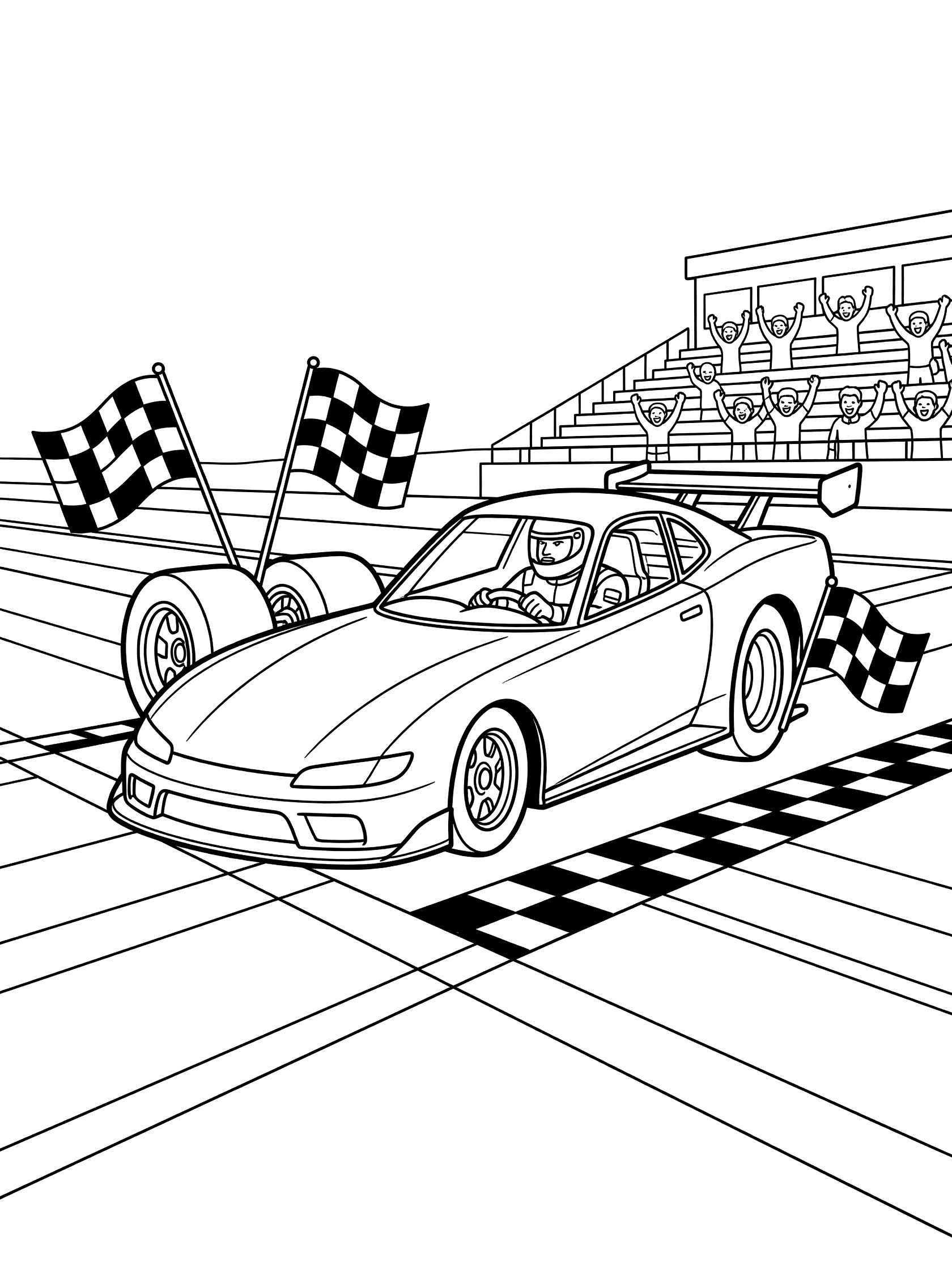 Black and white coloring page of a Pro Stock race car crossing the checkered finish line with flags, driver in helmet, grandstands, and crowd silhouettes.