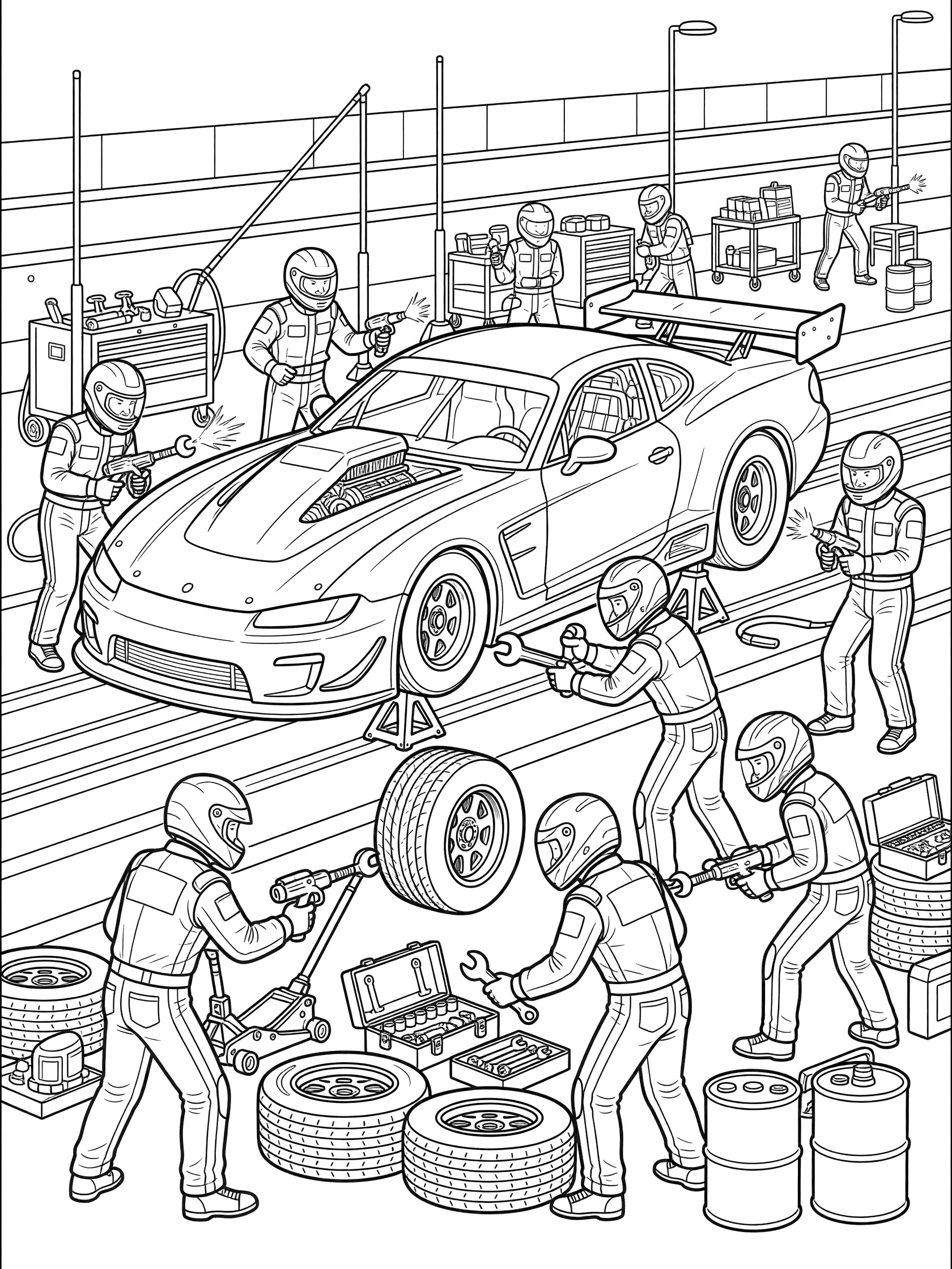 Black and white coloring page of a Pro Stock race car elevated on jacks in a pit stop, with racing crew using tools to change big rear tires, spare tires, toolboxes, and fuel drums around.