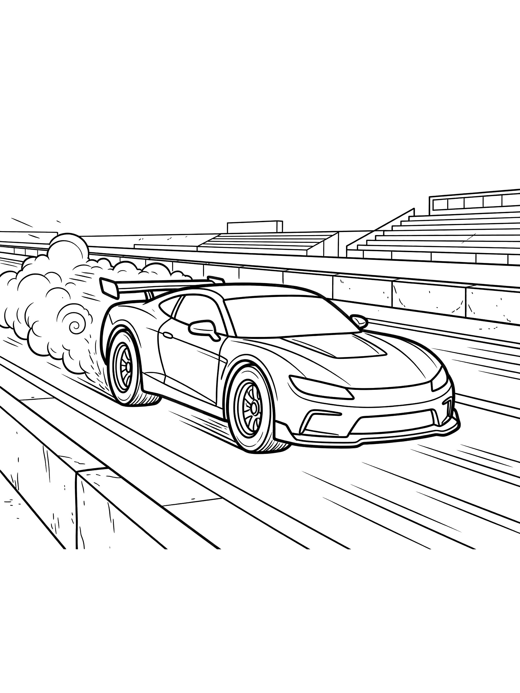 Cartoon Pro Stock race car leaning forward on drag track, rear tires spinning with thick smoke, speed lines, lane markings, barriers, and grandstands coloring page