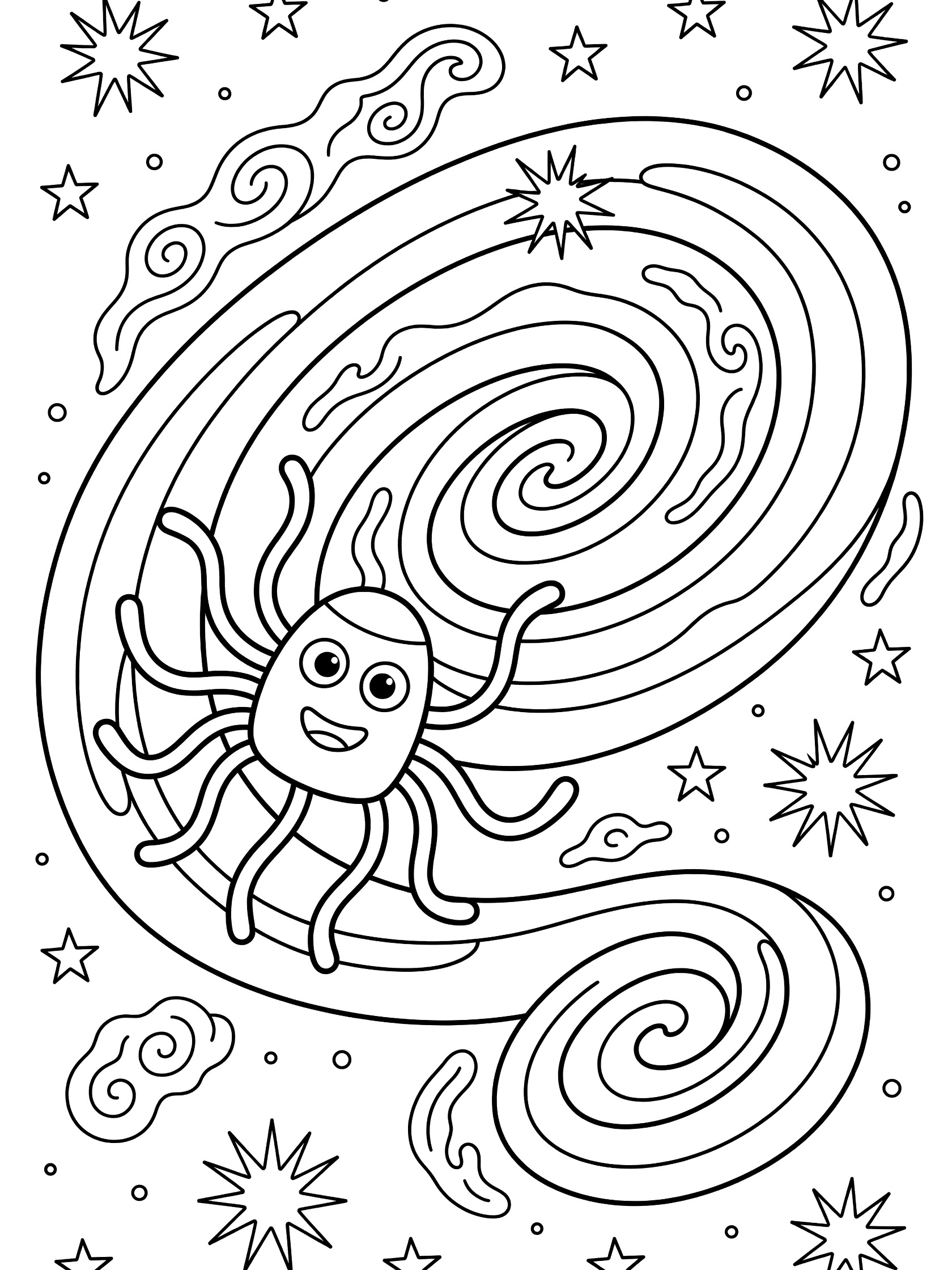 Cute doodle probe drifting into the curly arms of the Andromeda Galaxy coloring page with stars and nebulae