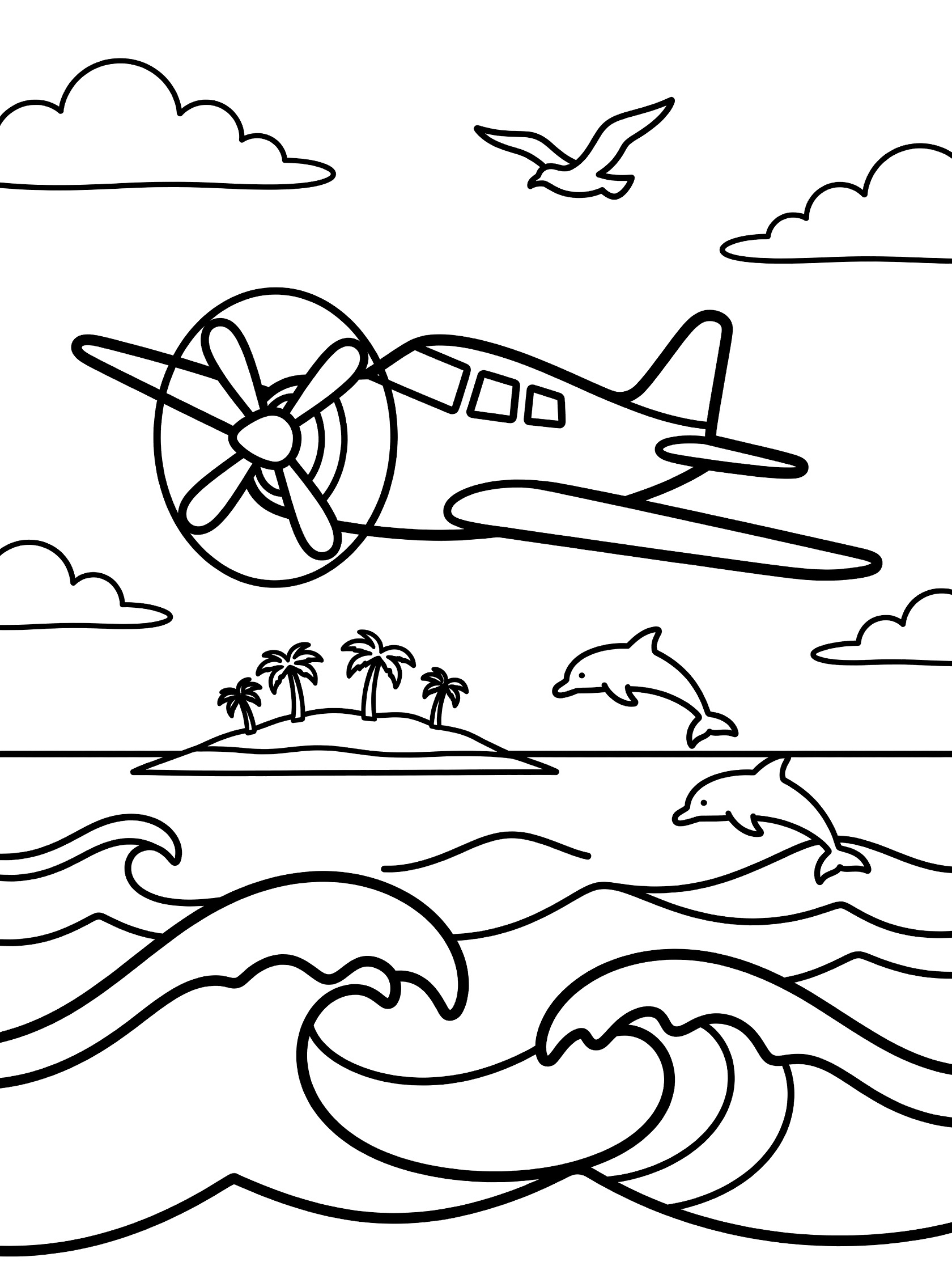 Black and white coloring page of a propeller plane soaring over ocean with waves, leaping dolphins, distant island with palms, fluffy clouds and a seagull.