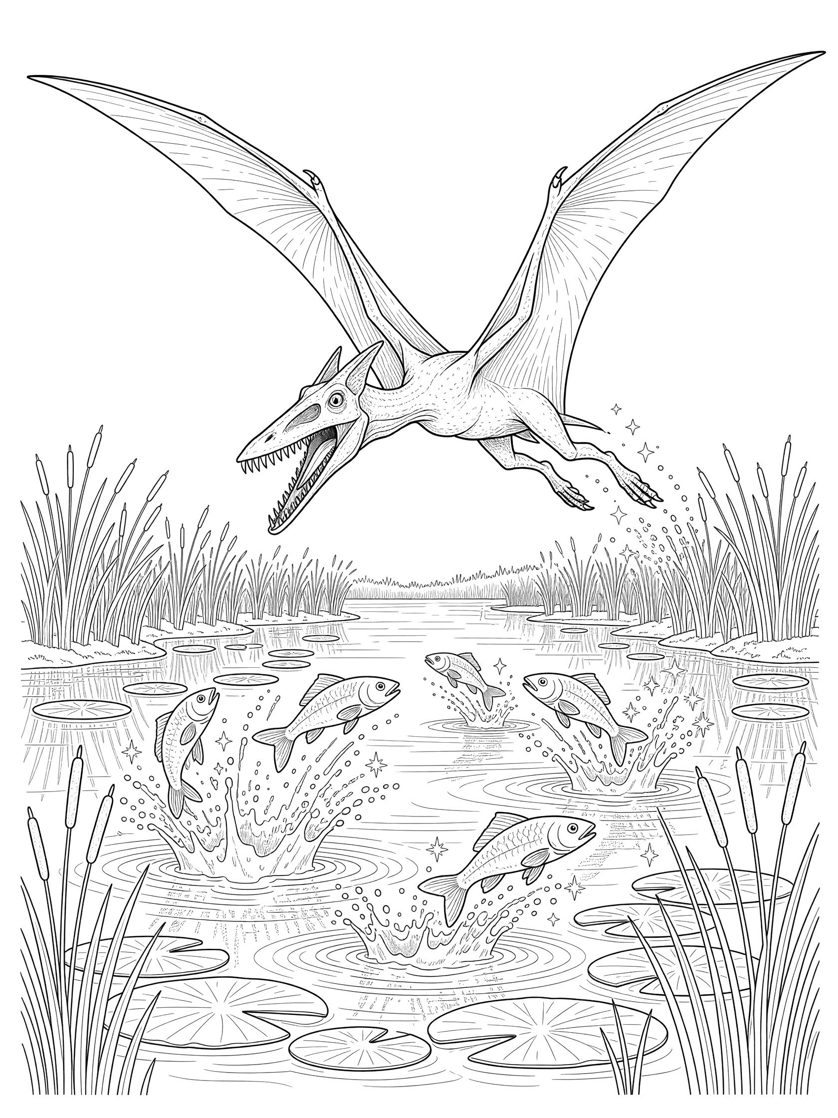 Black and white line art of a Pteranodon flying dinosaur diving toward a lake with jumping fish, reeds, and lily pads for coloring.