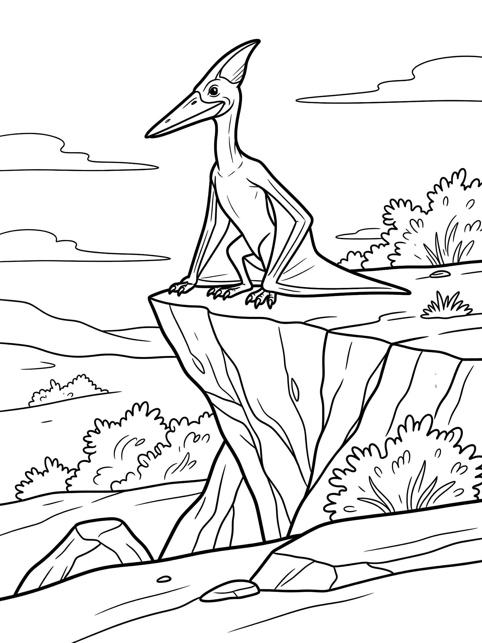 Black and white coloring page of a Pteranodon dinosaur perched on a cliff edge with folded wings, crest, bushes, rocks, and cloudy sky.