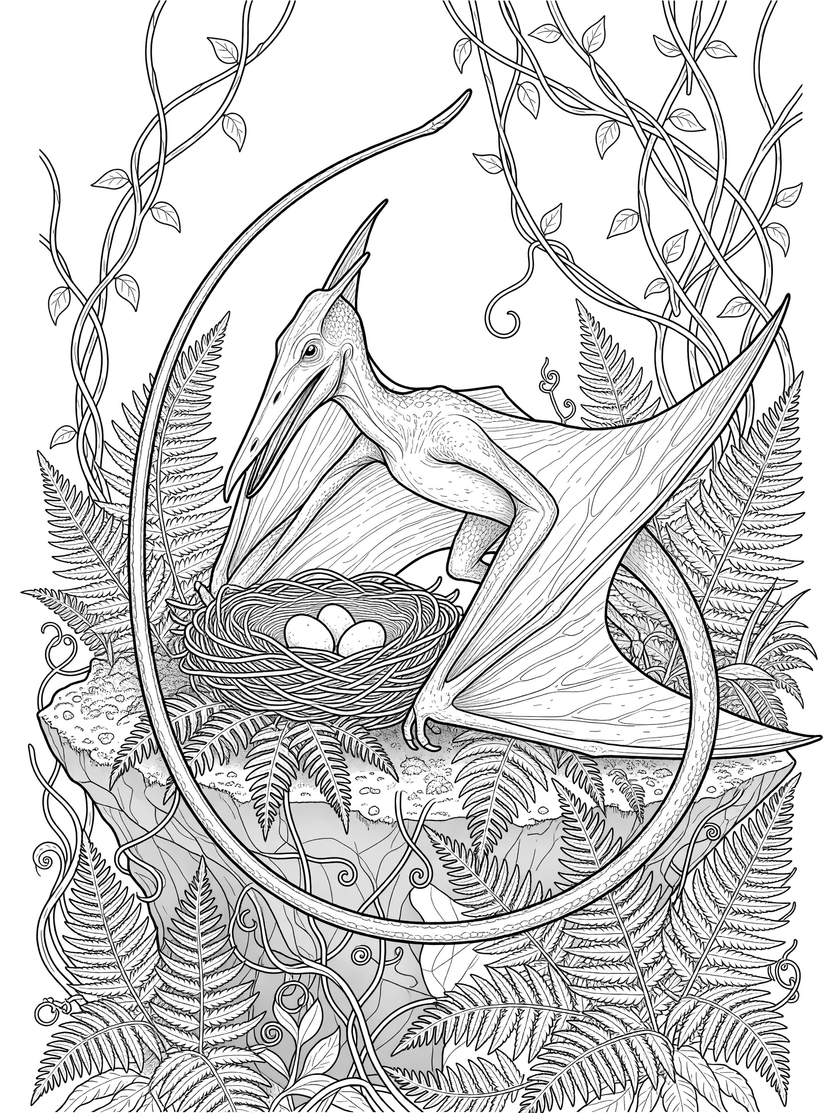 Black and white coloring page of a Pteranodon pterosaur protectively near a nest with three eggs on a rocky ledge surrounded by ferns and vines.