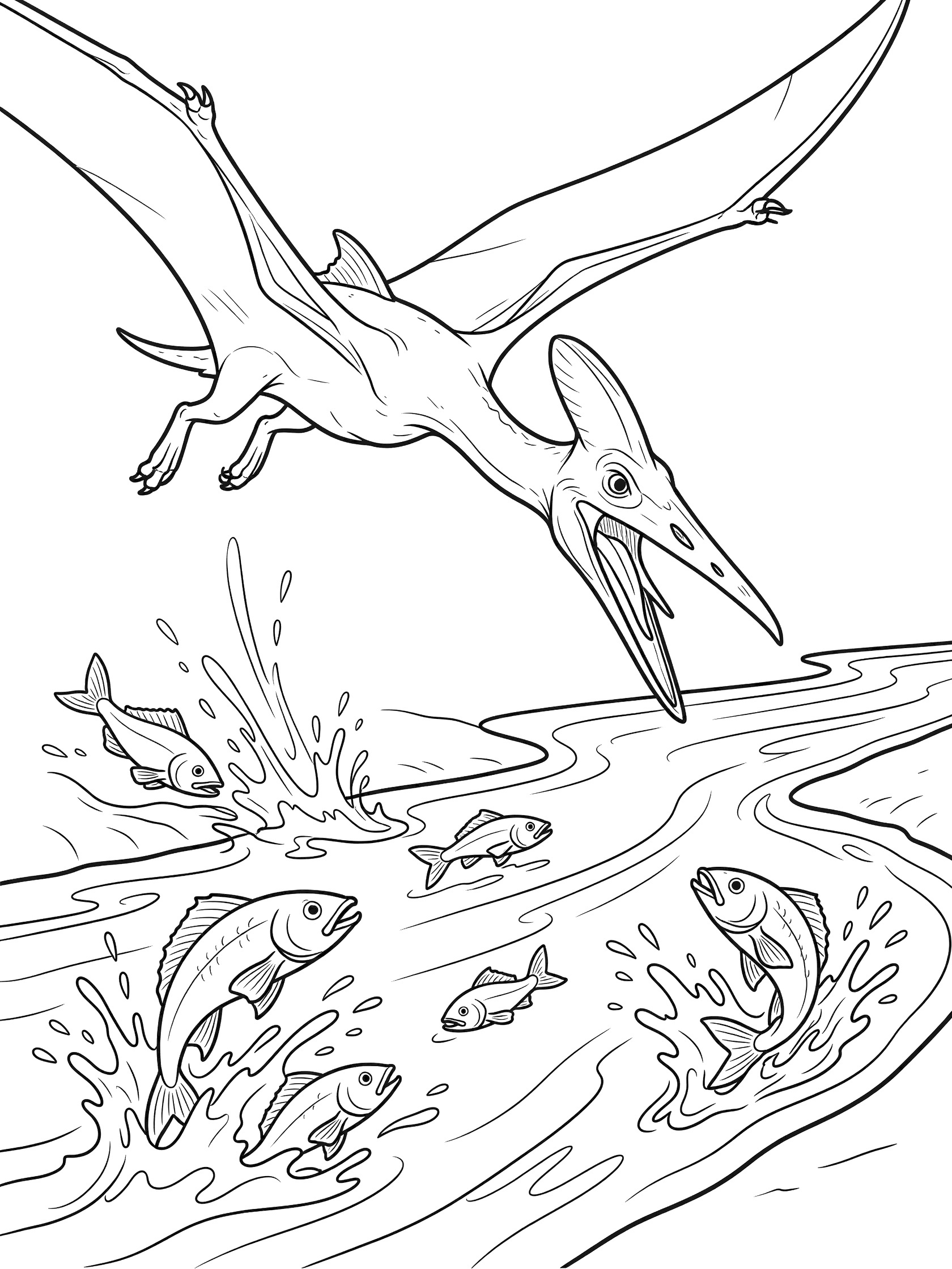 Black and white line art coloring page showing a pterodactyl with open beak diving toward a river full of splashing fish. Pteranodon themed black and white printable line art