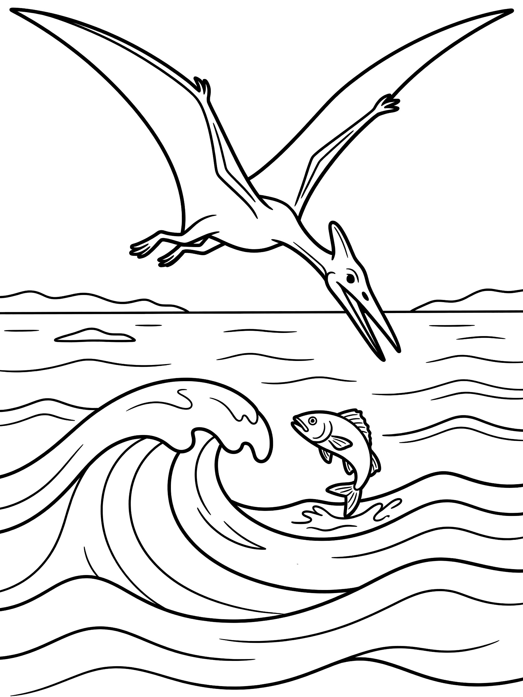 Black and white line art coloring page showing a pterodactyl with wide wings diving over wavy ocean water toward a fish jumping from the waves, with distant islands. Rhamphorhynchus themed black and white printable line art
