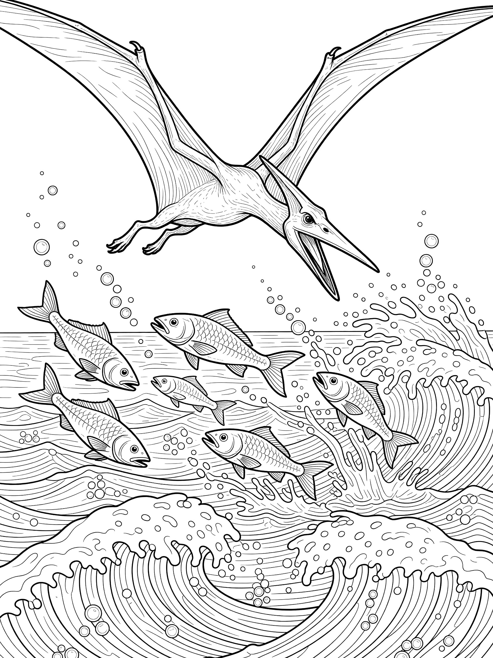Black and white coloring page of a pterodactyl with open beak diving sharply over crashing waves chasing a group of leaping fish, bubbles rising from the sea.
