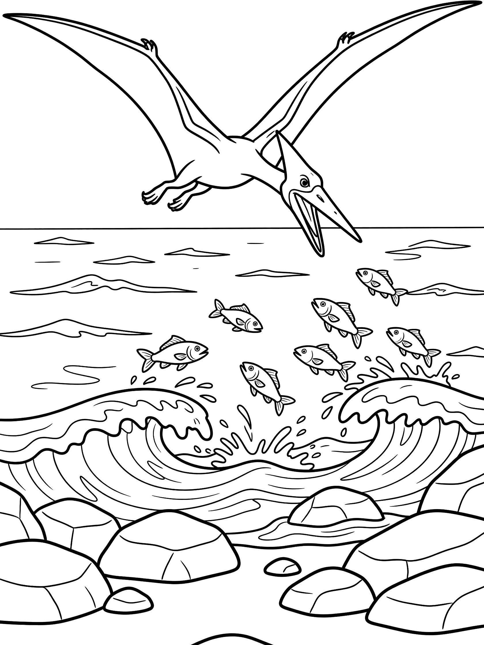 Black and white line art coloring page showing a pterodactyl with wide wings diving beak-first toward leaping fish over wavy ocean water and rocks. Pteranodon themed black and white printable line art