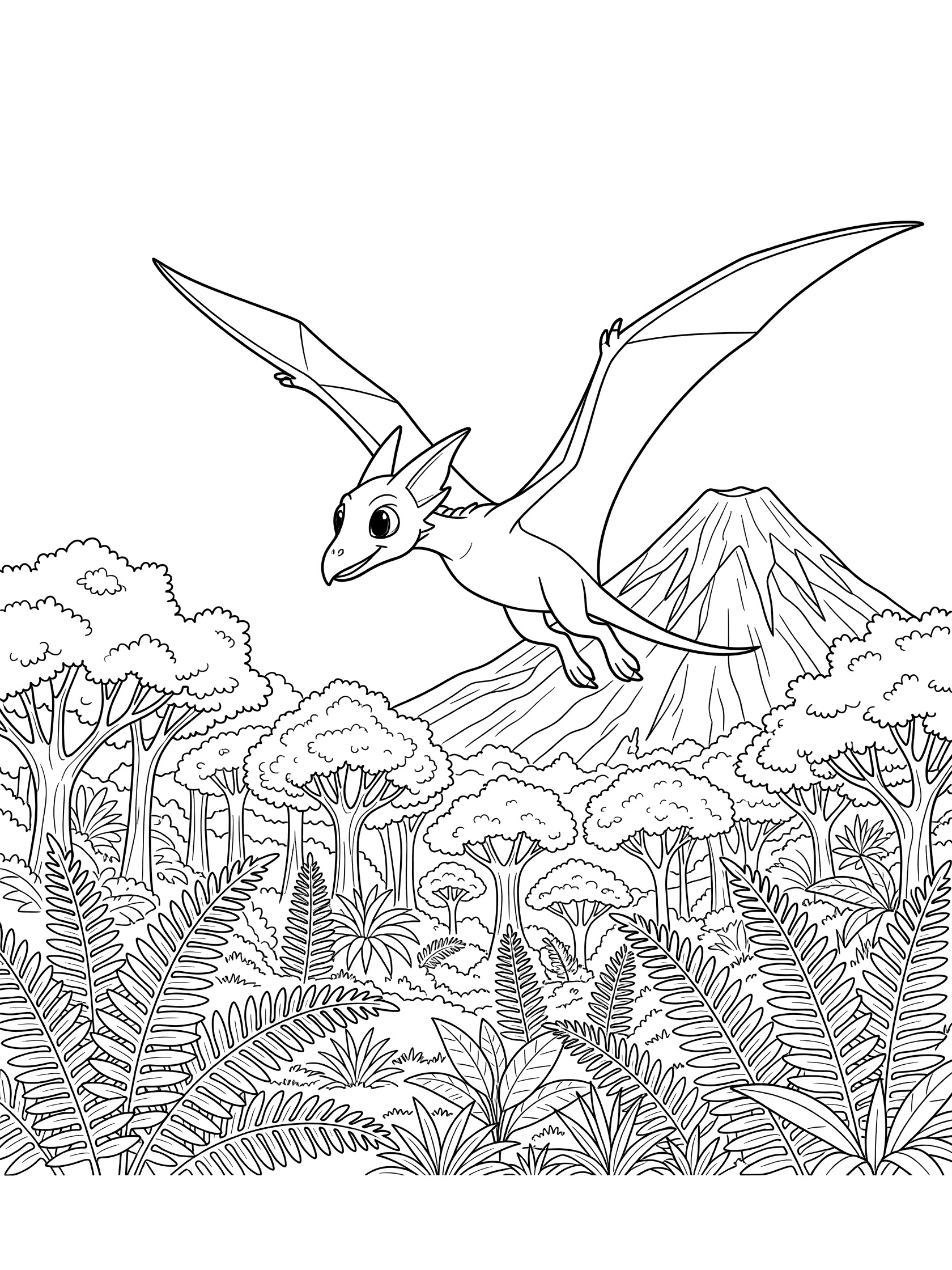 Black and white line art coloring page of a flying pterodactyl with large wings over a forest of trees and ferns with a volcano in the background. Dimorphodon themed black and white printable line art