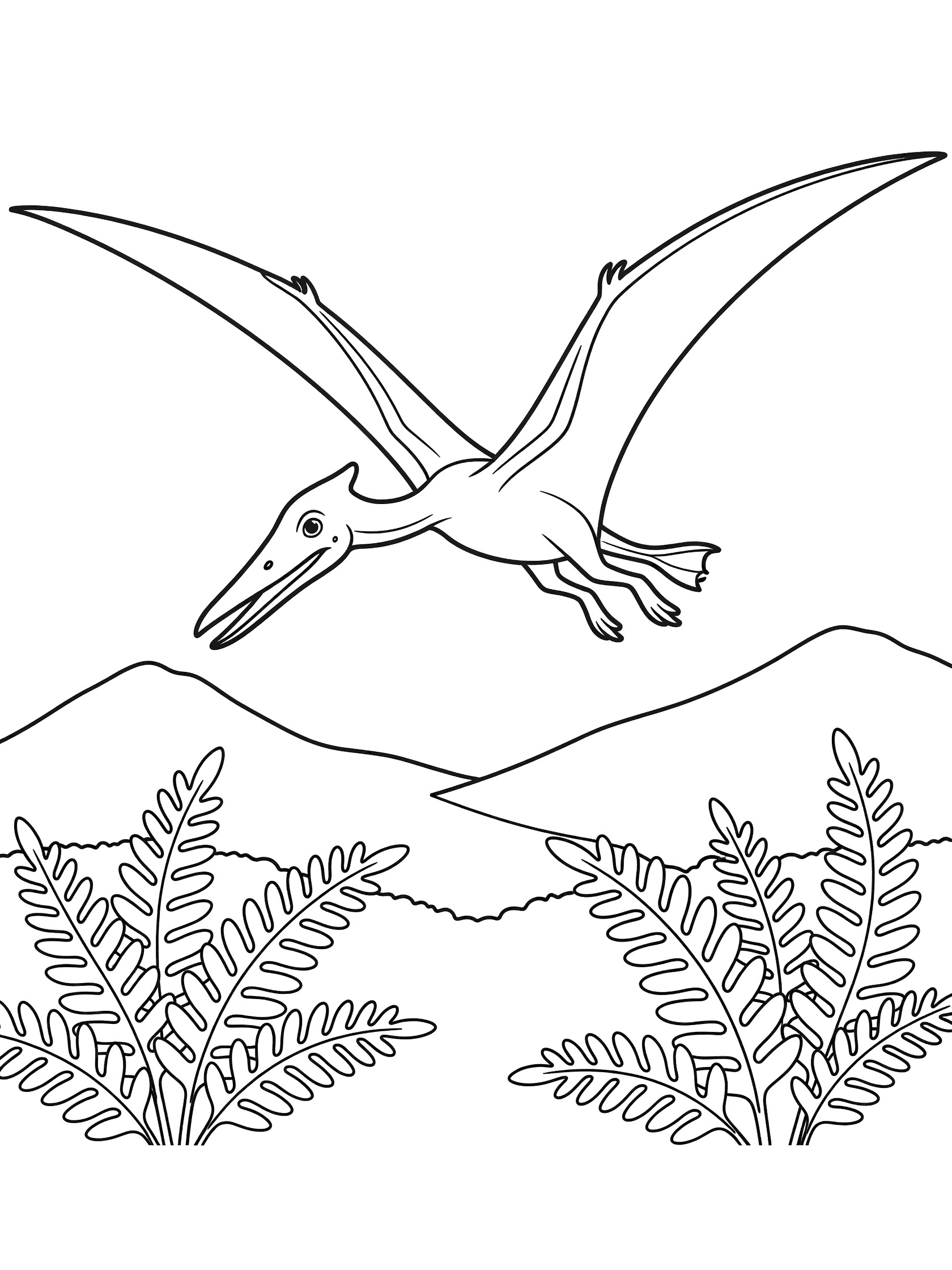 Black and white line art coloring page showing a pterodactyl with wide wings flying above pointy mountains and leafy ferns. Pteranodon themed black and white printable line art