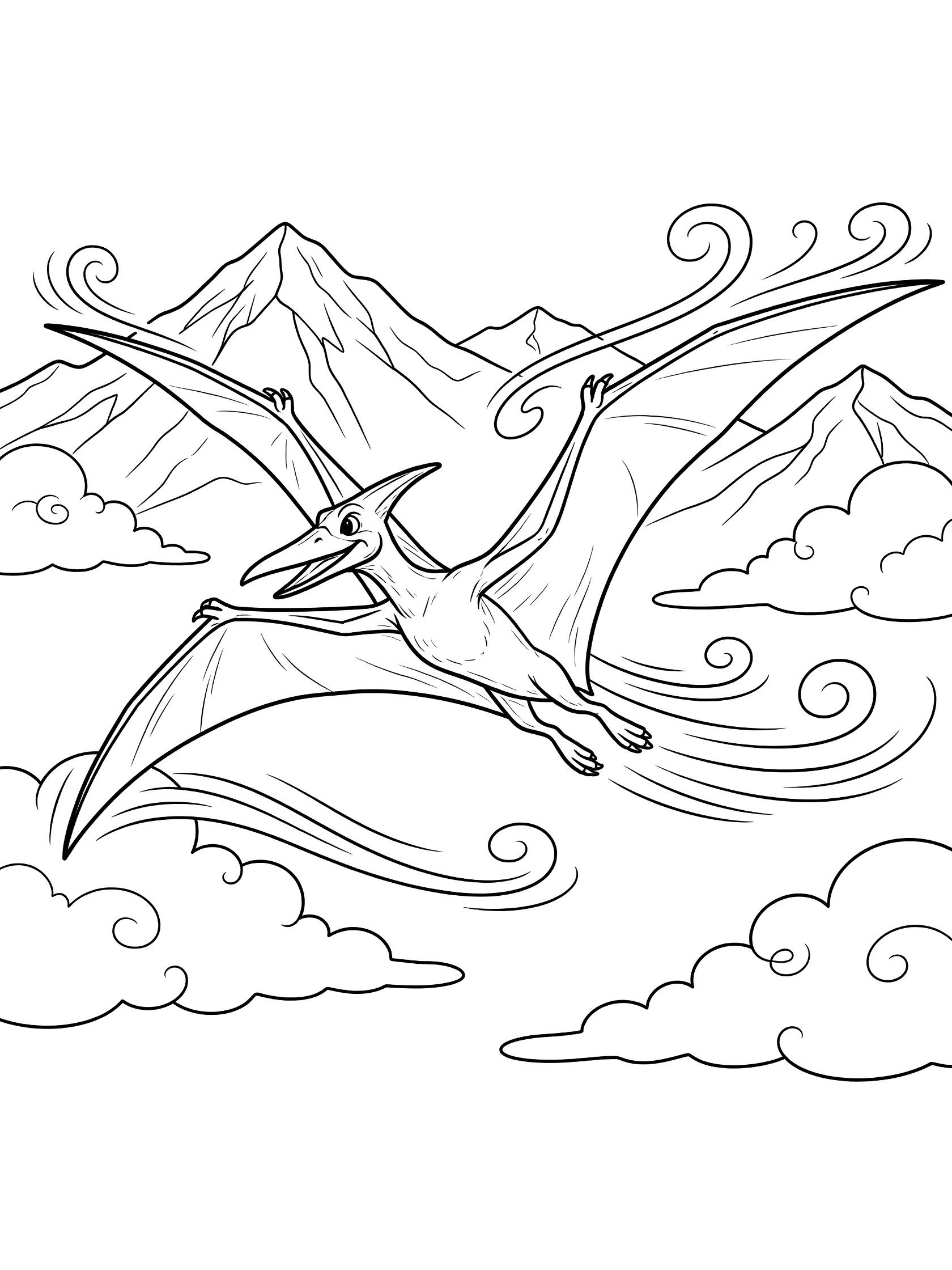 Black and white line art of a pterodactyl flying with wide wings over pointy mountain peaks, fluffy clouds, and swirling wind lines.