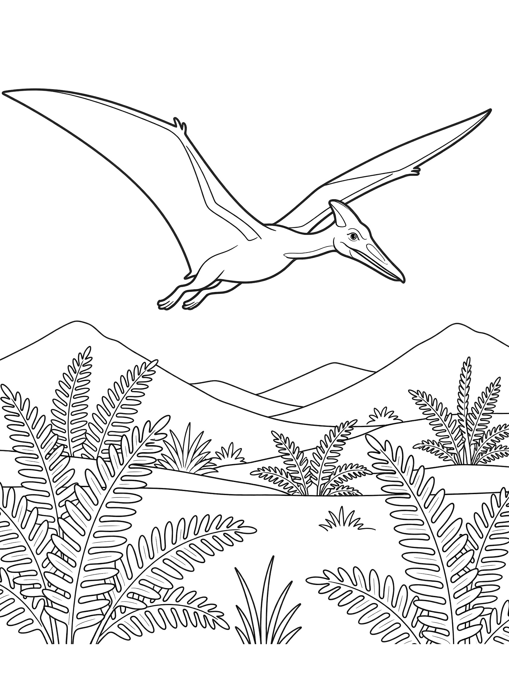 Black and white line art coloring page showing a pterodactyl with wide wings flying over a landscape of mountains and tall ferns. Pteranodon themed black and white printable line art