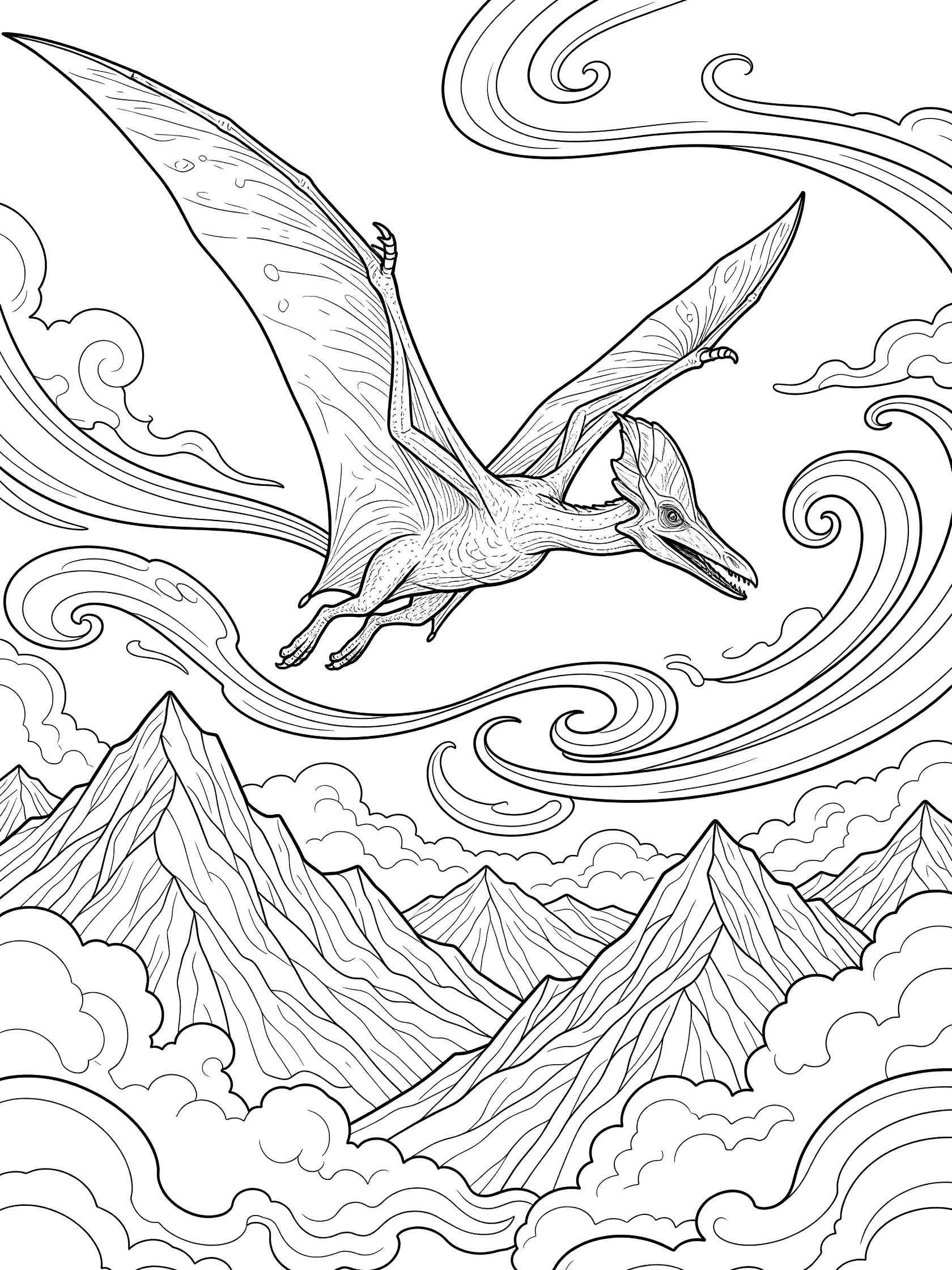 Black and white coloring page of a large pterodactyl flying with spread wings over swirling winds, fluffy clouds, and pointy mountain peaks. Quetzalcoatlus themed black and white printable line art